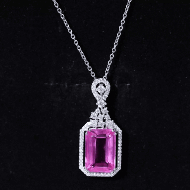 9 Carat Lab Grown Pink Sapphire Art Deco Necklace With Silver Chain AAAA 92.5 Sterling Silver - Rosec Jewels