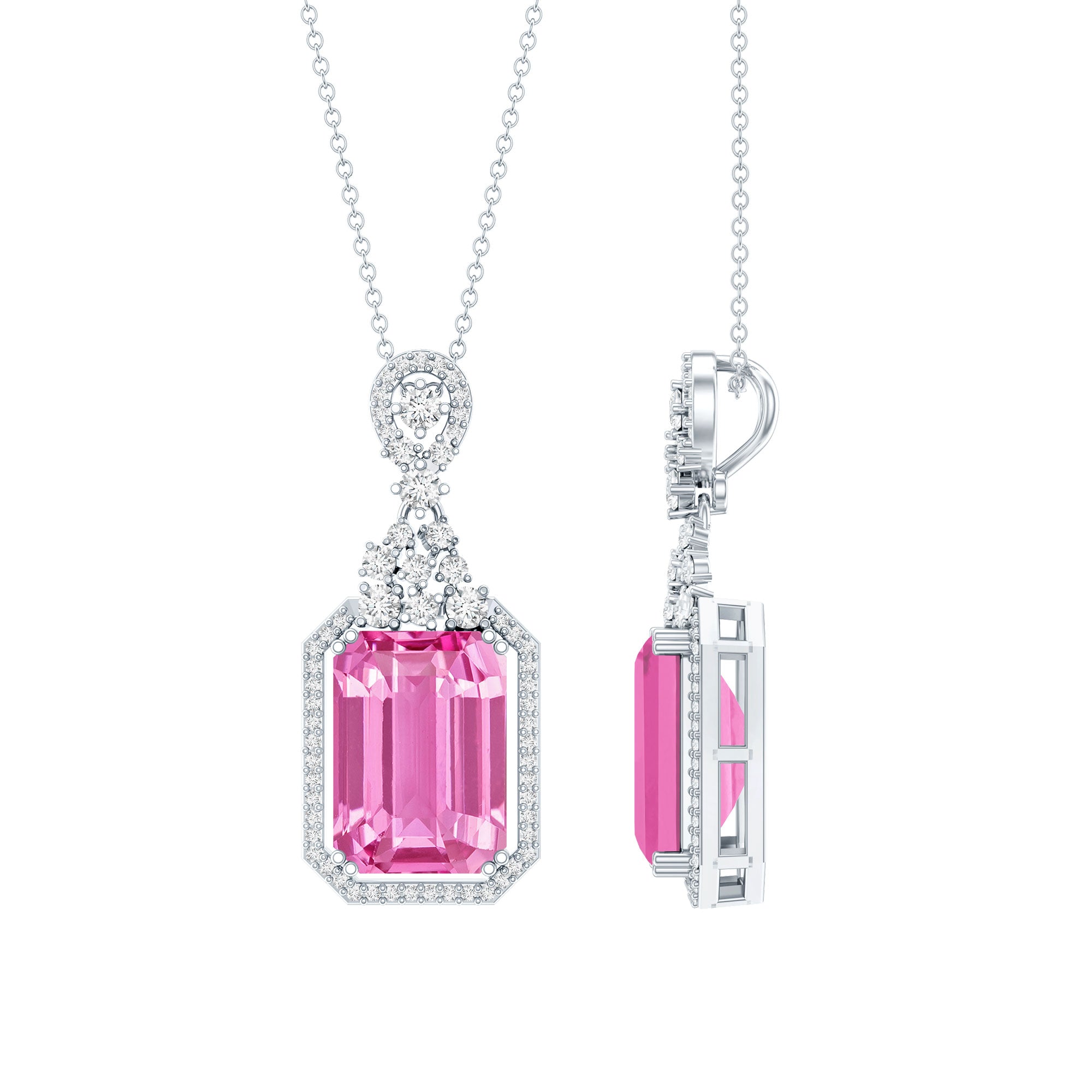 9 Carat Lab Grown Pink Sapphire Art Deco Necklace With Silver Chain AAAA 92.5 Sterling Silver - Rosec Jewels