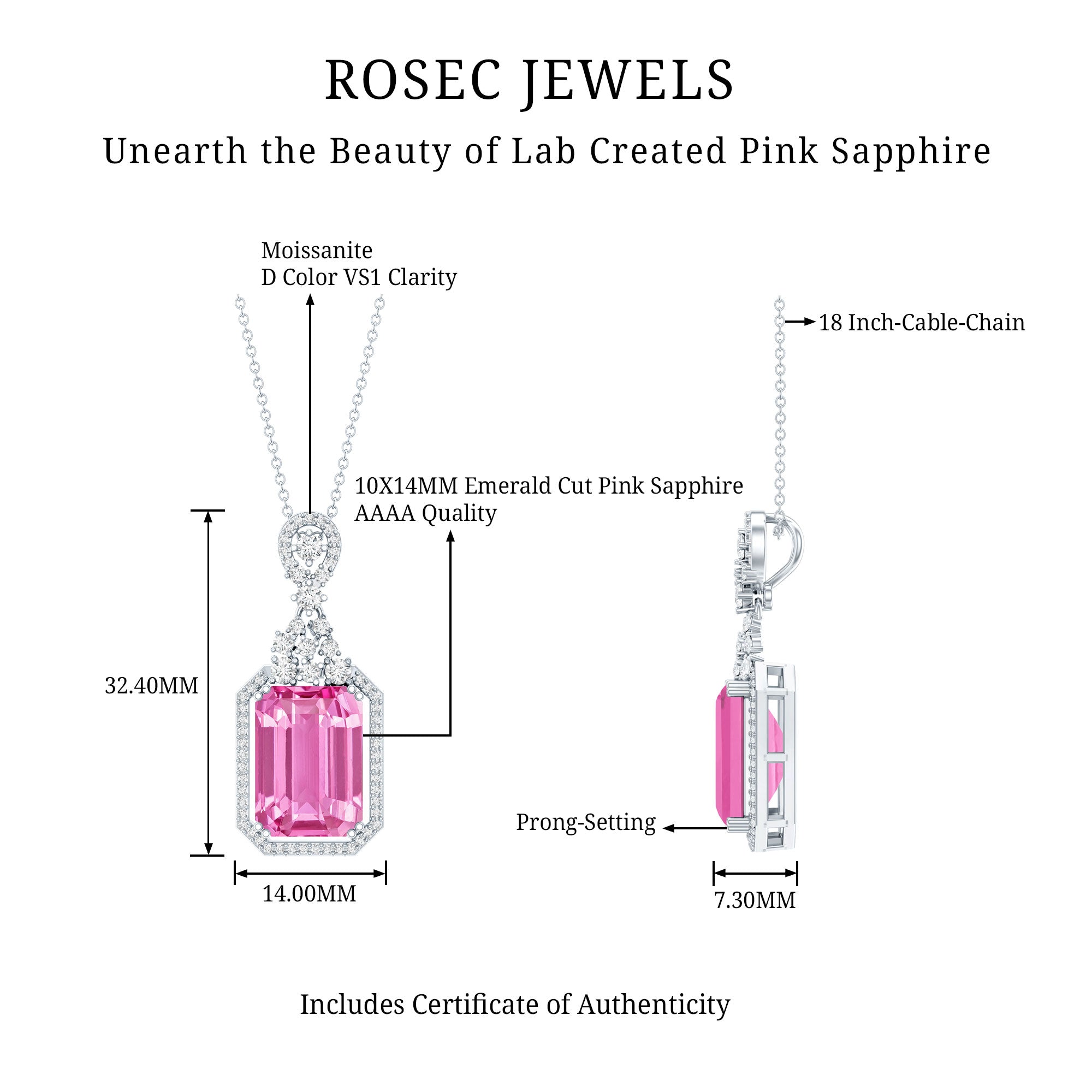 9 Carat Lab Grown Pink Sapphire Art Deco Necklace With Silver Chain AAAA 92.5 Sterling Silver - Rosec Jewels