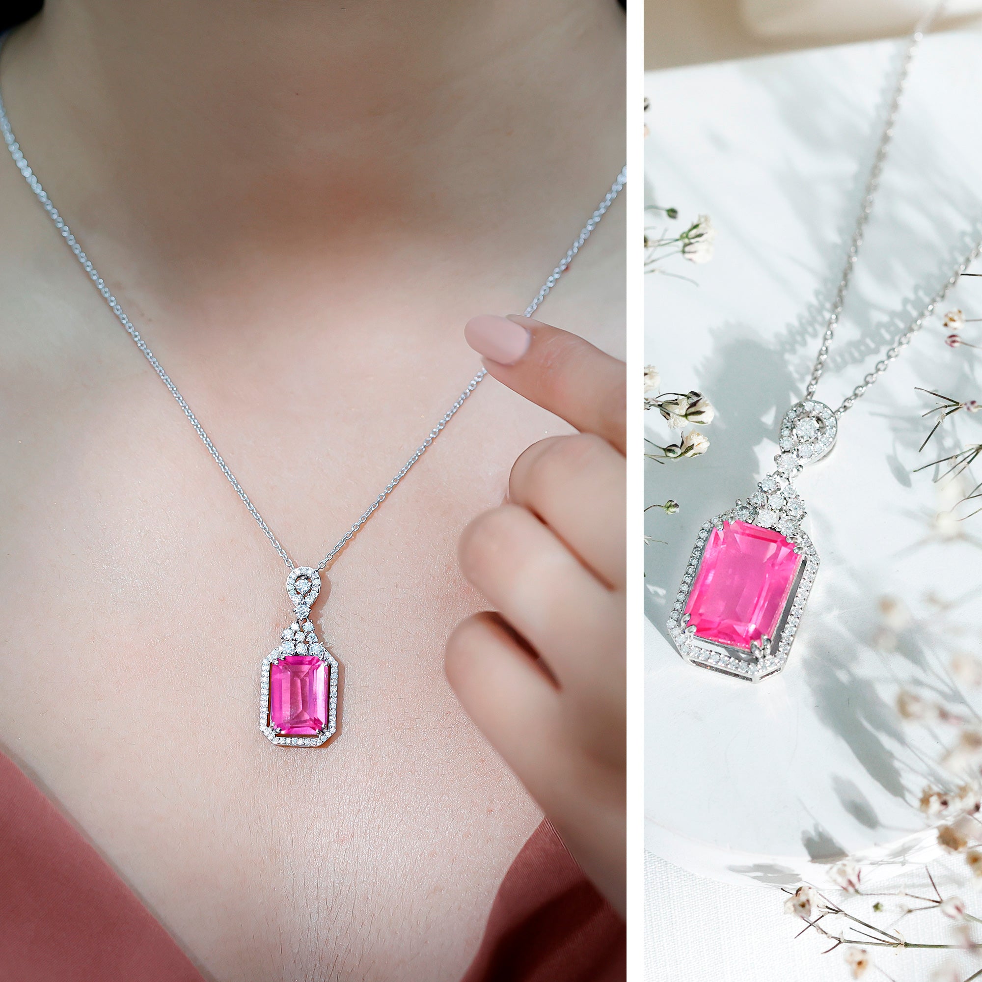 9 Carat Lab Grown Pink Sapphire Art Deco Necklace With Silver Chain AAAA 92.5 Sterling Silver - Rosec Jewels