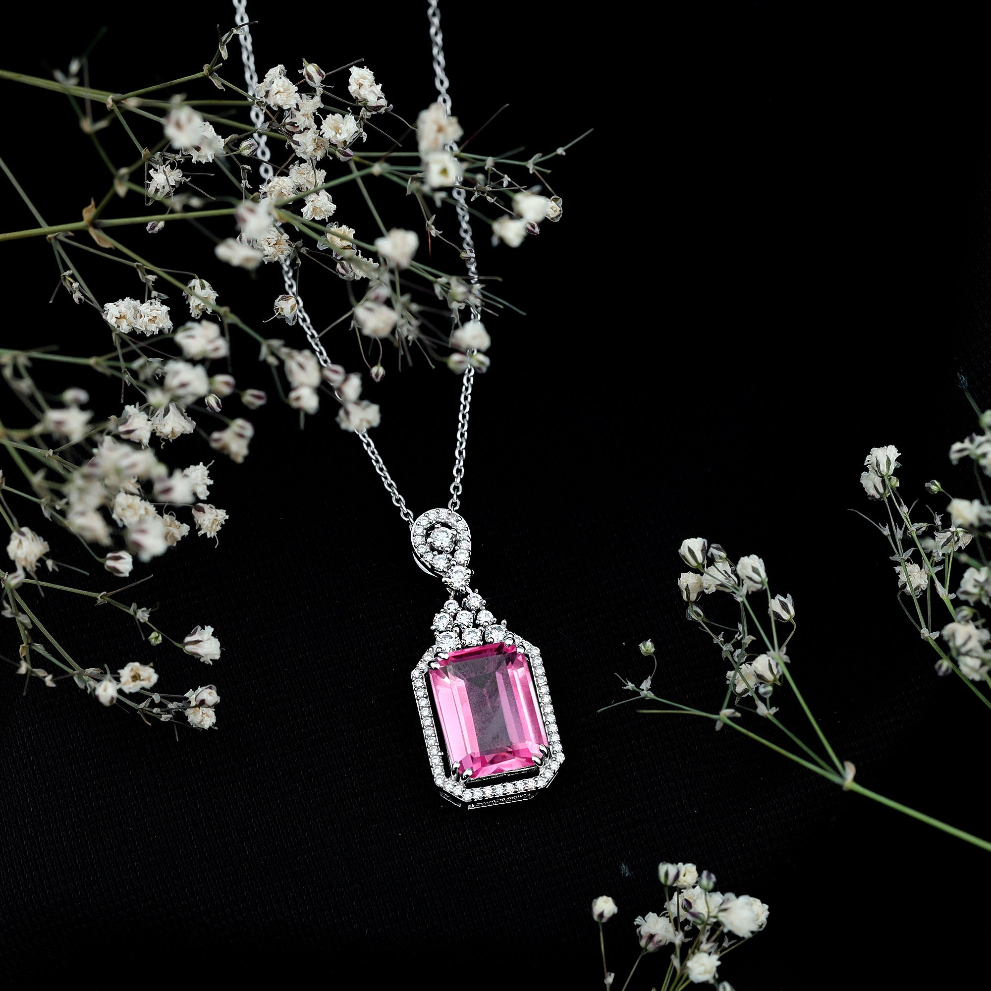 9 Carat Lab Grown Pink Sapphire Art Deco Necklace With Silver Chain AAAA 92.5 Sterling Silver - Rosec Jewels