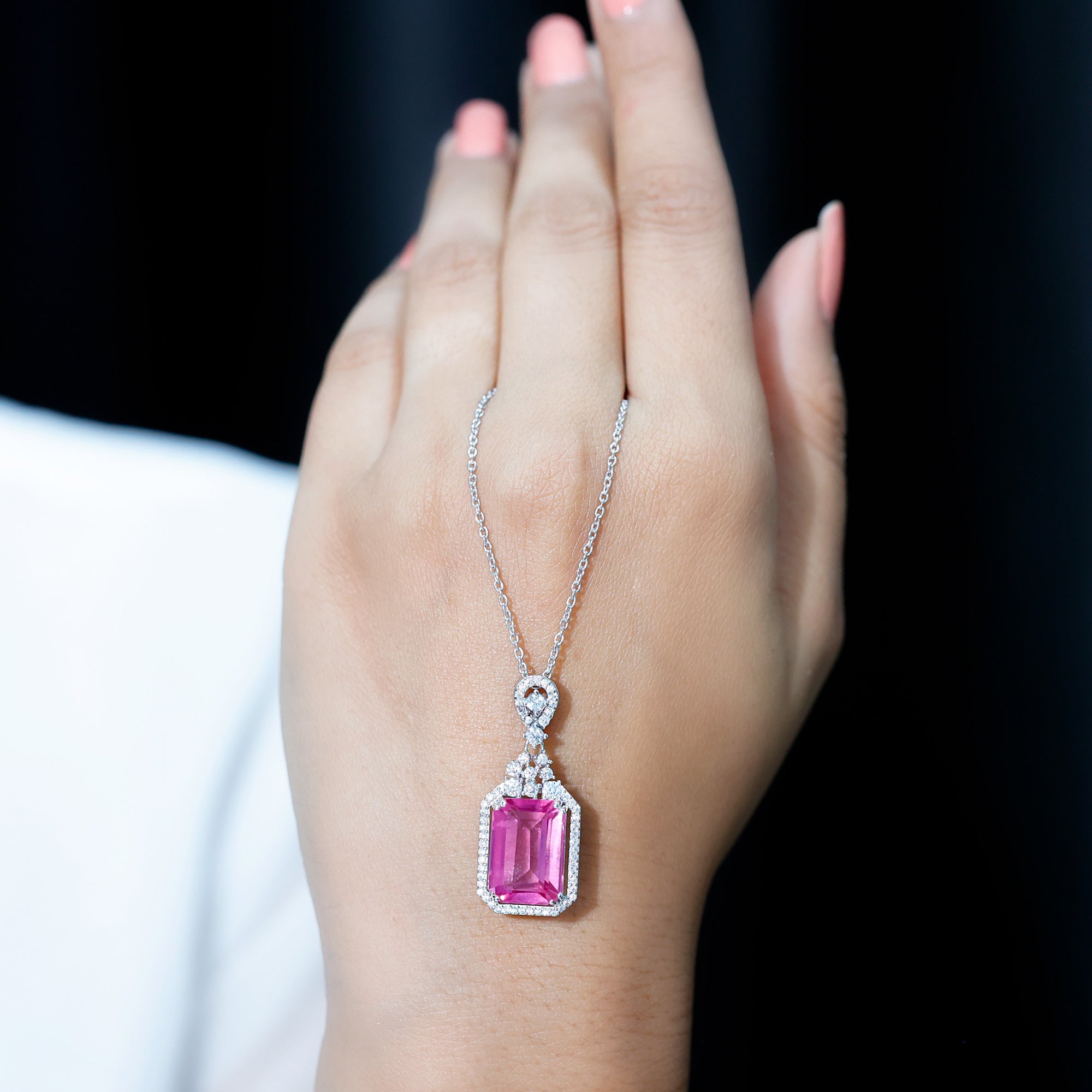 9 Carat Lab Grown Pink Sapphire Art Deco Necklace With Silver Chain AAAA 92.5 Sterling Silver - Rosec Jewels