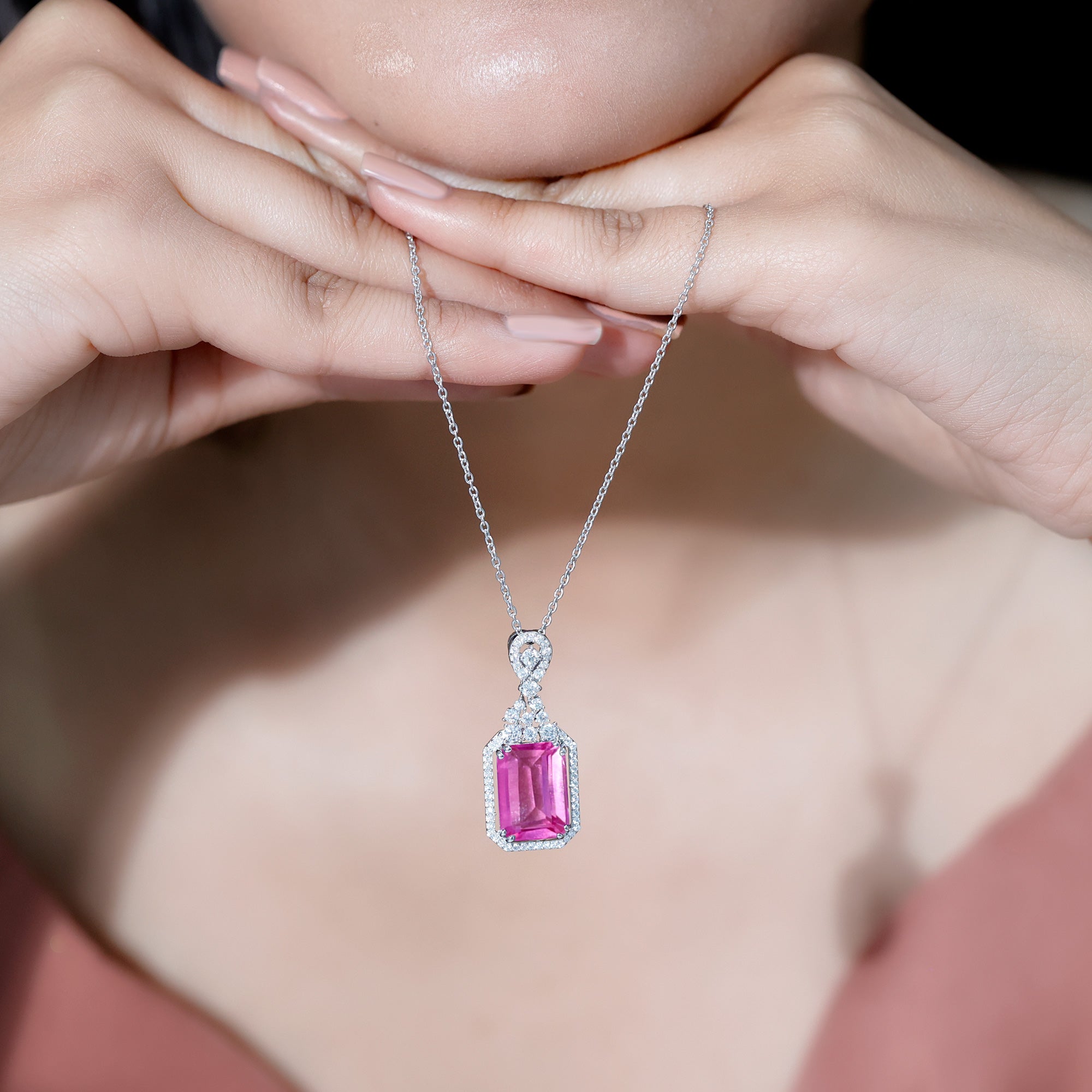 9 Carat Lab Grown Pink Sapphire Art Deco Necklace With Silver Chain AAAA 92.5 Sterling Silver - Rosec Jewels