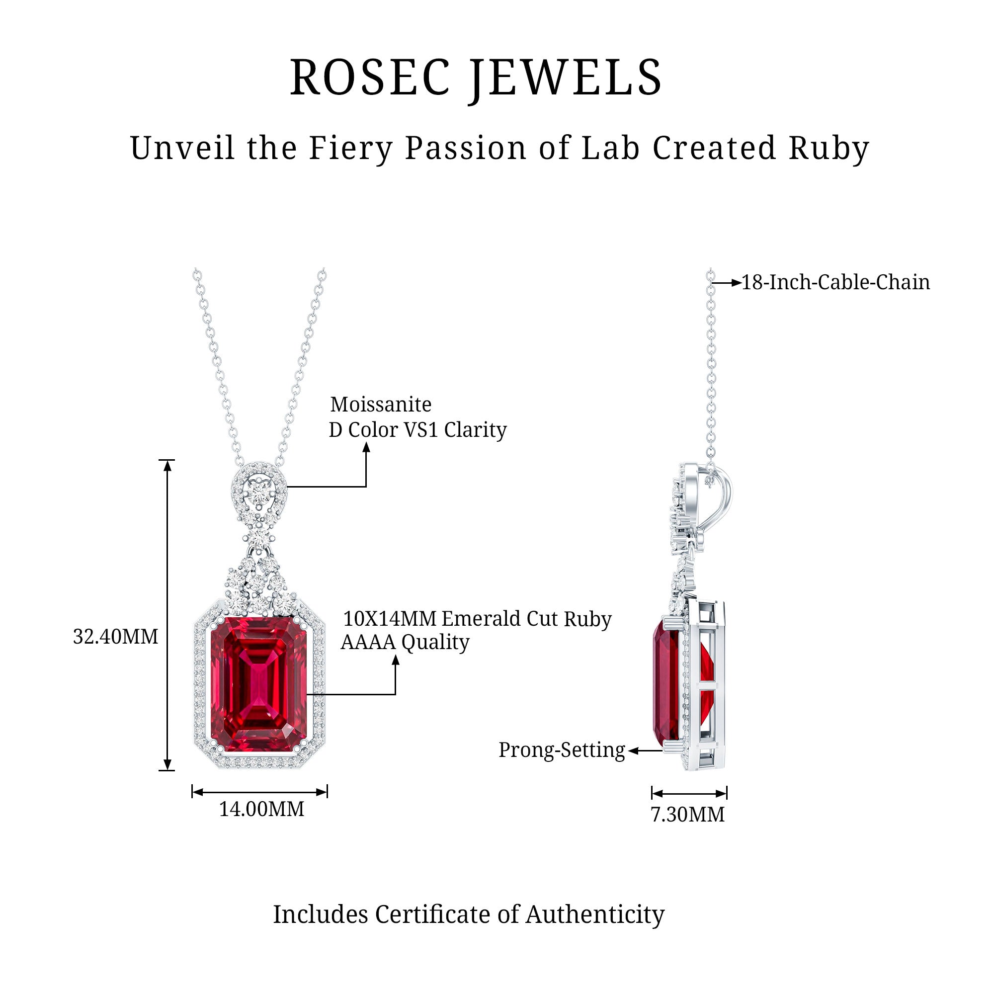 Certified 5 Carat Lab Grown Ruby Vintage Necklace With Silver Chain AAAA 92.5 Sterling Silver - Rosec Jewels