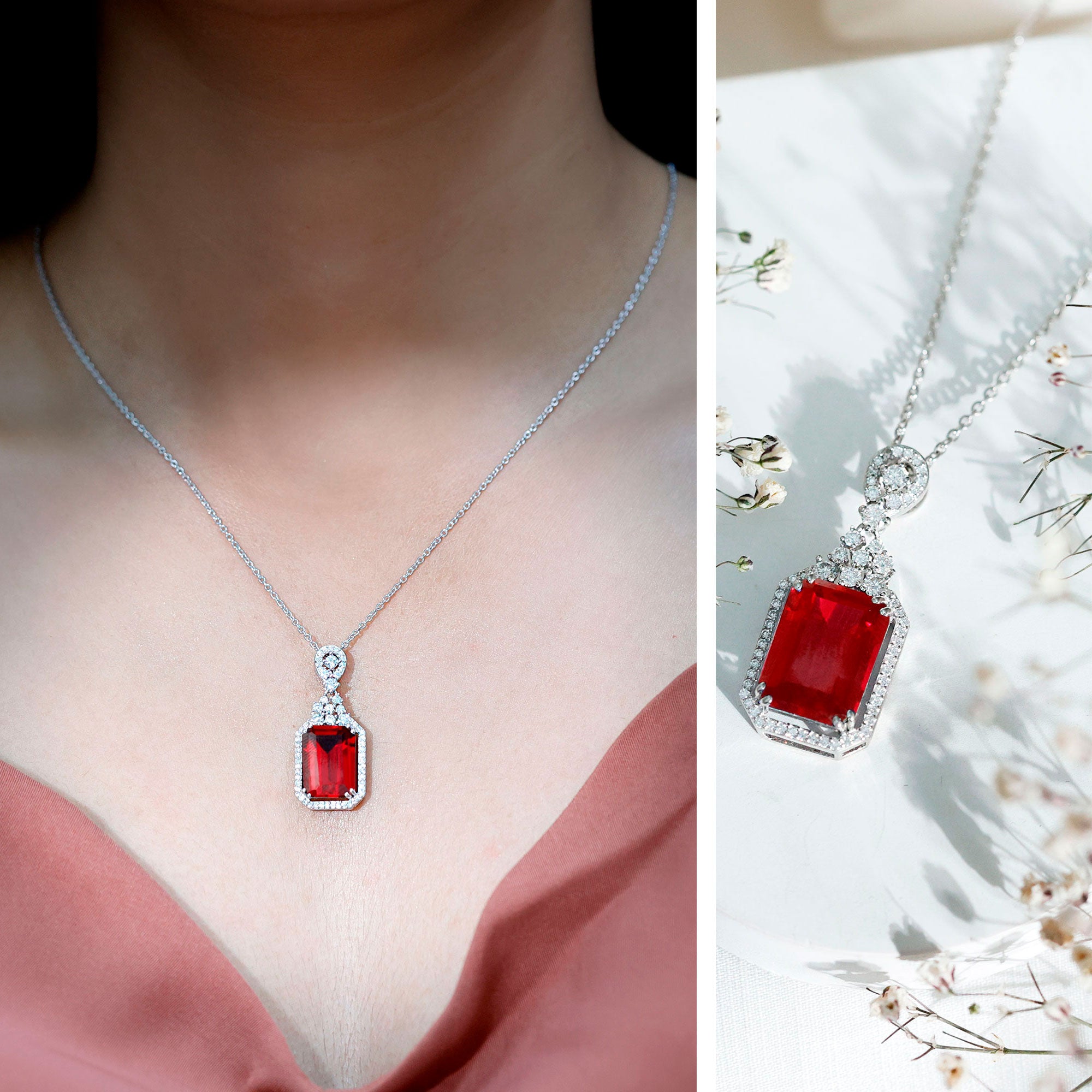 Certified 5 Carat Lab Grown Ruby Vintage Necklace With Silver Chain AAAA 92.5 Sterling Silver - Rosec Jewels