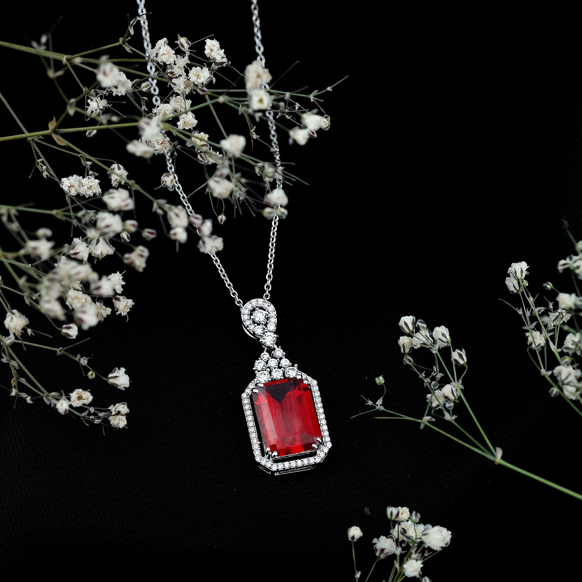 Certified 5 Carat Lab Grown Ruby Vintage Necklace With Silver Chain AAAA 92.5 Sterling Silver - Rosec Jewels