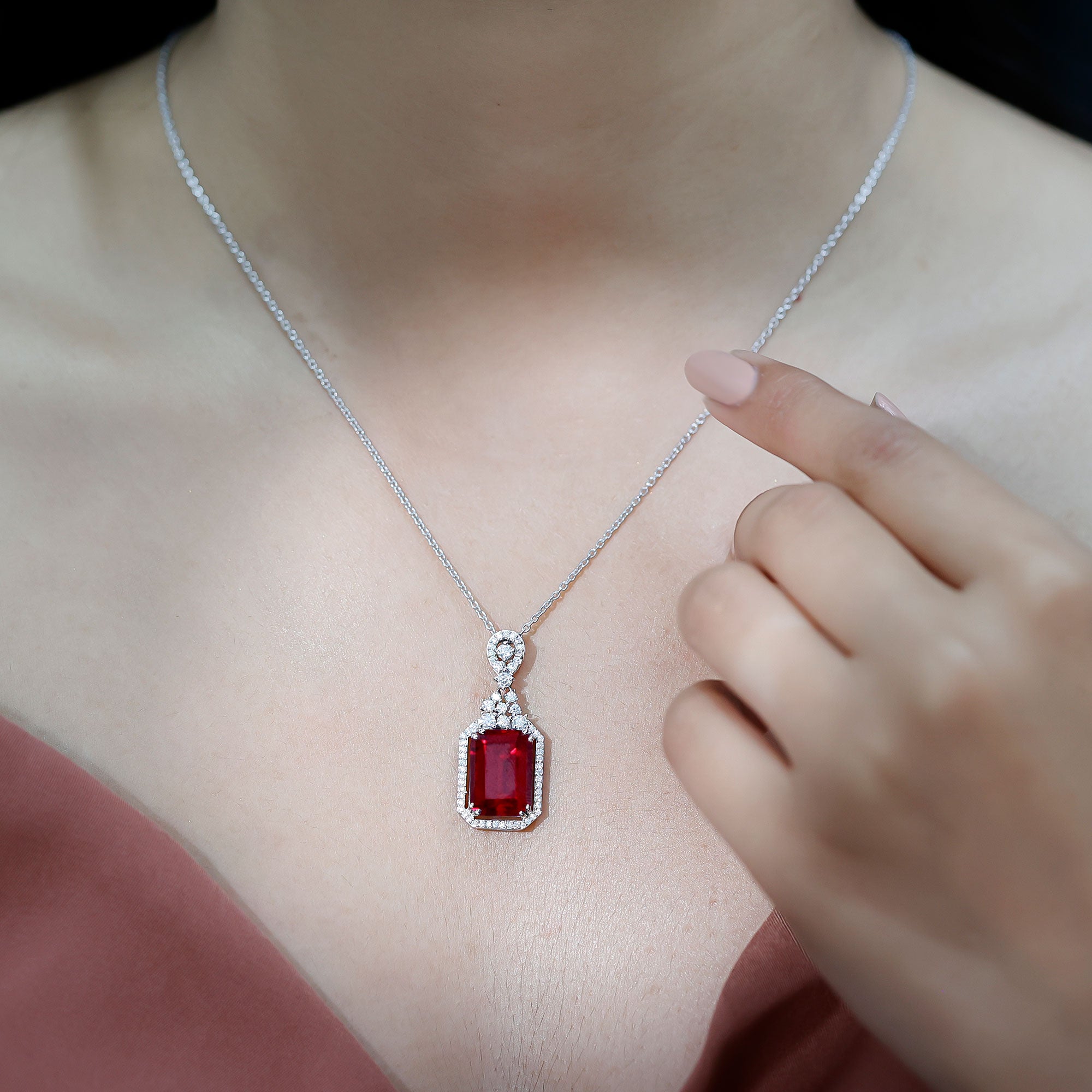 Certified 5 Carat Lab Grown Ruby Vintage Necklace With Silver Chain AAAA 92.5 Sterling Silver - Rosec Jewels