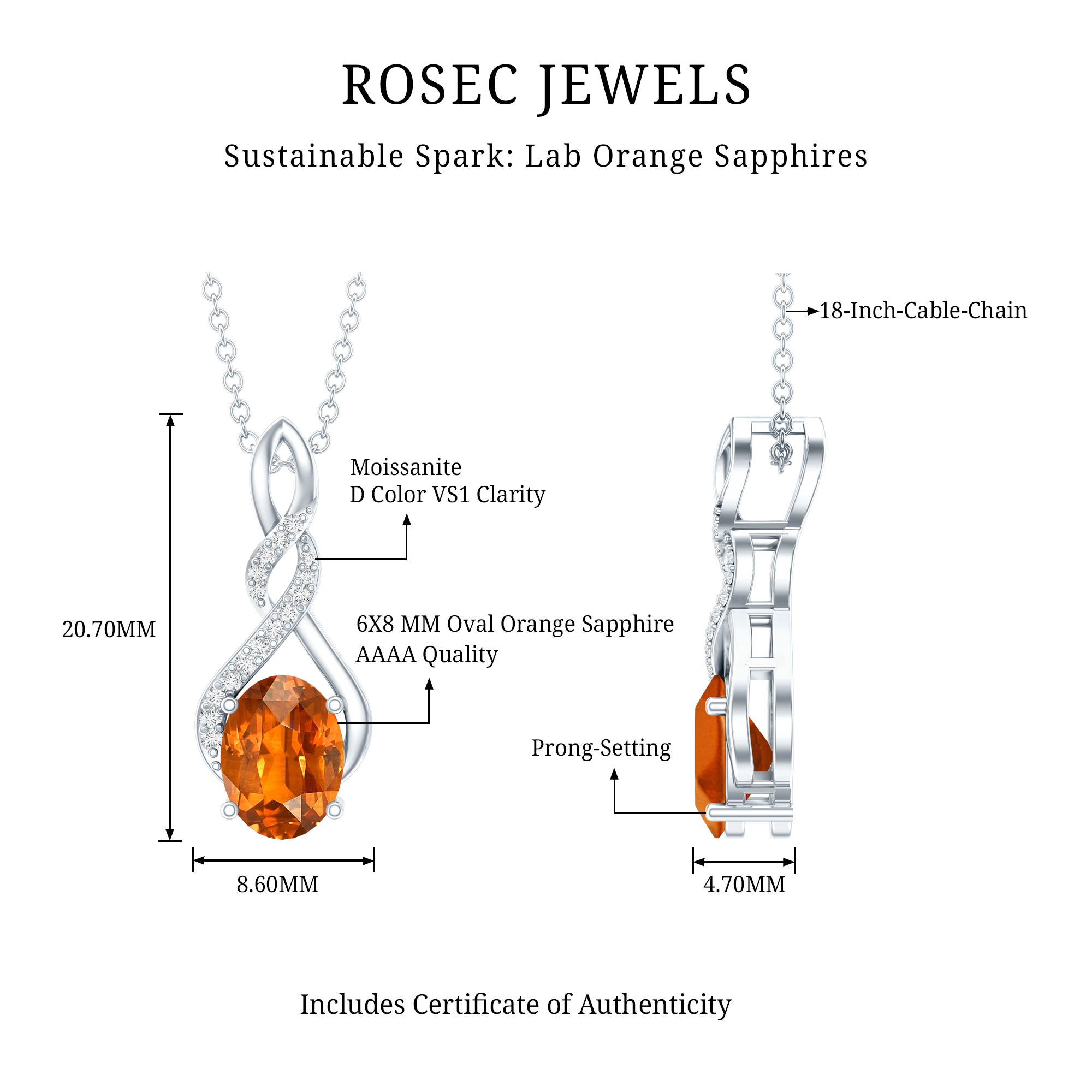 1.5 Carat Lab Grown Orange Sapphire Infinity Pendant Necklace with Moissanite AAAA 92.5 Sterling Silver - Rosec Jewels