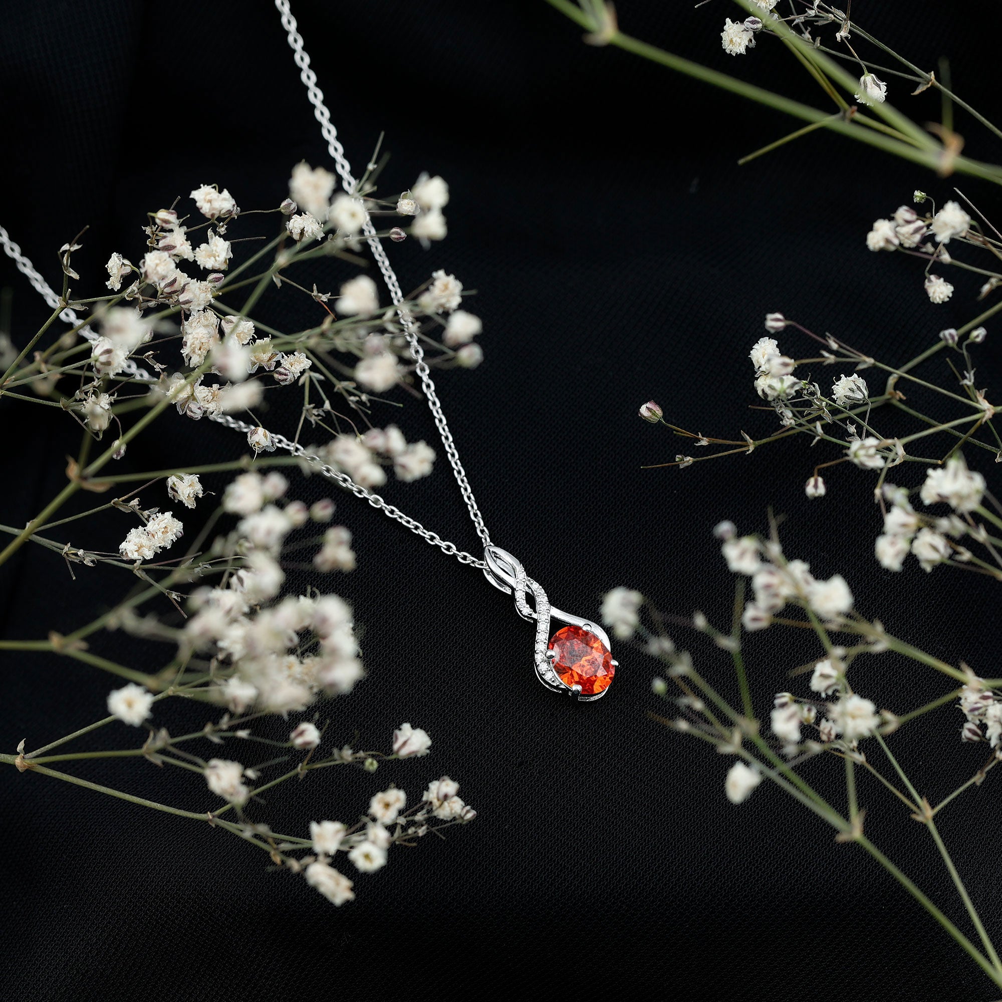 1.5 Carat Lab Grown Orange Sapphire Infinity Pendant Necklace with Moissanite AAAA 92.5 Sterling Silver - Rosec Jewels