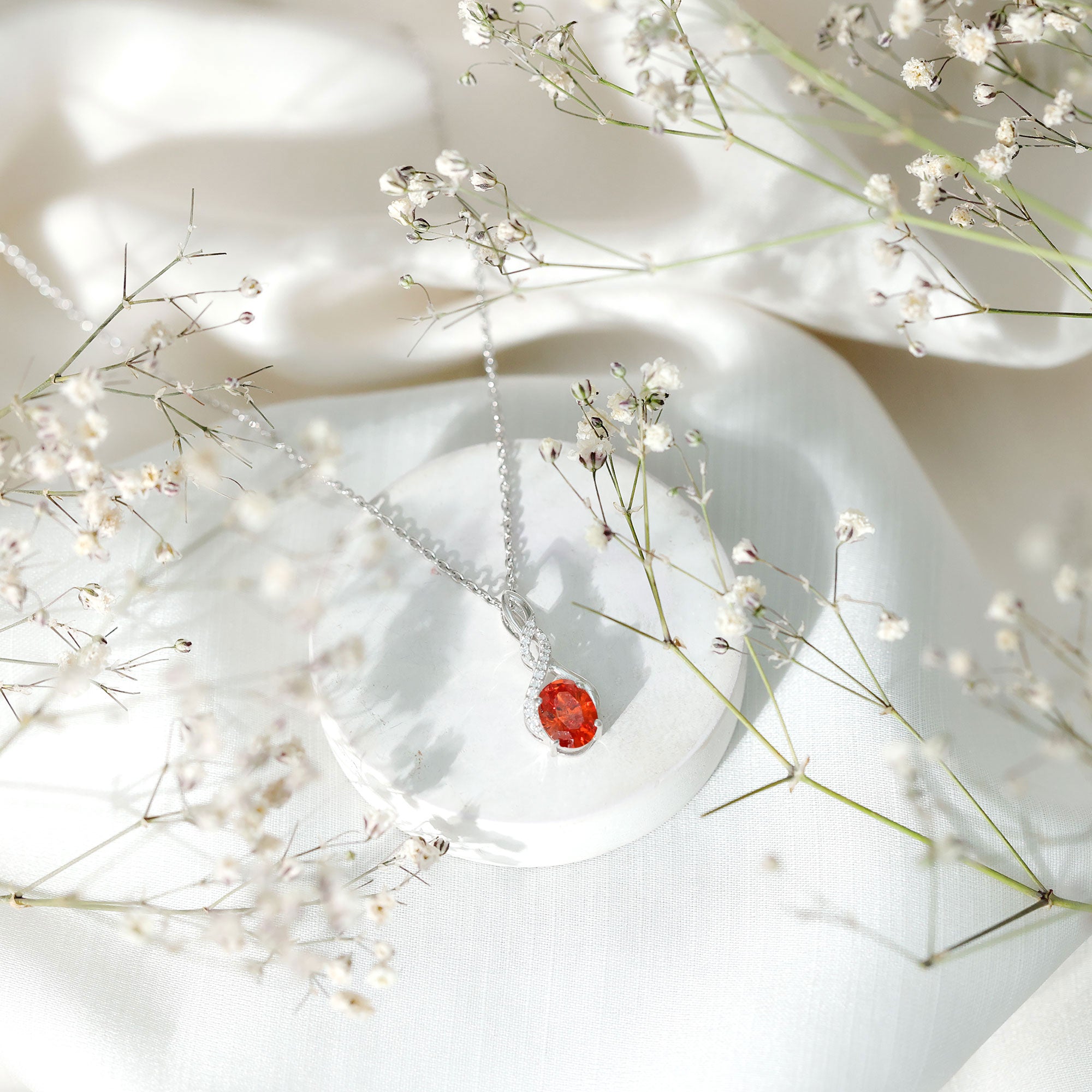 1.5 Carat Lab Grown Orange Sapphire Infinity Pendant Necklace with Moissanite AAAA 92.5 Sterling Silver - Rosec Jewels