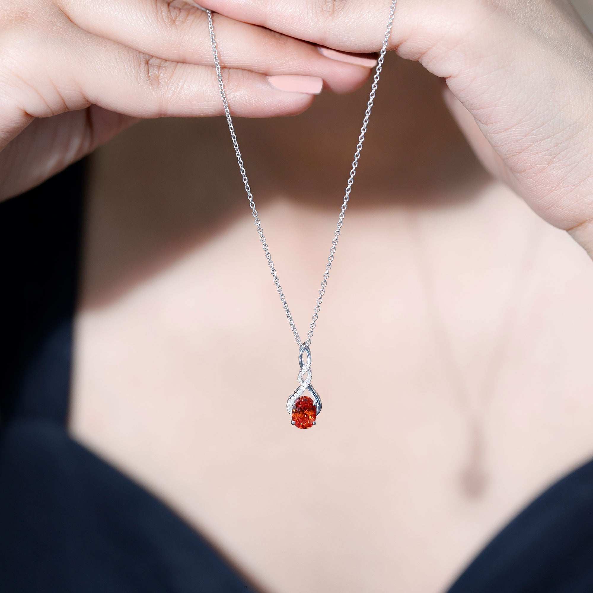 1.5 Carat Lab Grown Orange Sapphire Infinity Pendant Necklace with Moissanite AAAA 92.5 Sterling Silver - Rosec Jewels