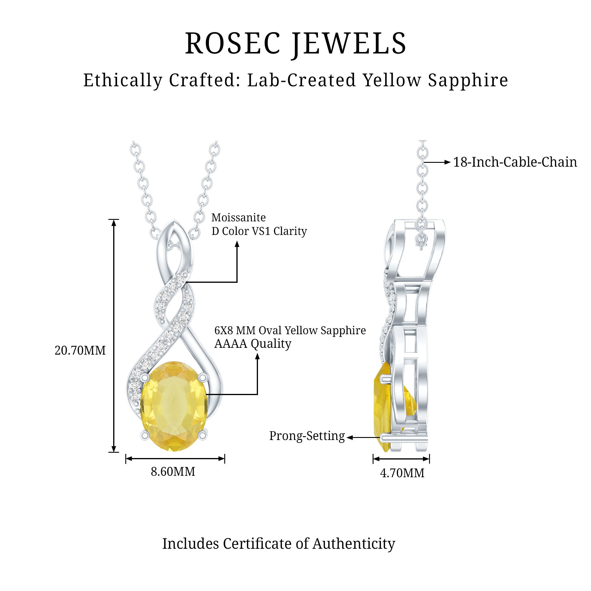 1.5 Carat Lab Grown Yellow Sapphire Silver Infinity Necklace With Silver Chain AAAA 92.5 Sterling Silver - Rosec Jewels