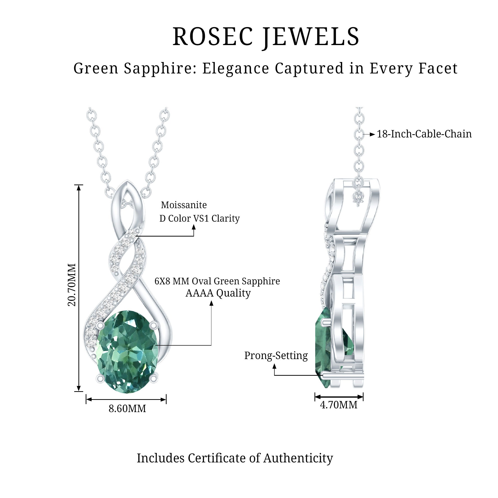 1.5 Carat Lab Grown Green Sapphire Infinity Necklace With Silver Chain AAAA 92.5 Sterling Silver - Rosec Jewels