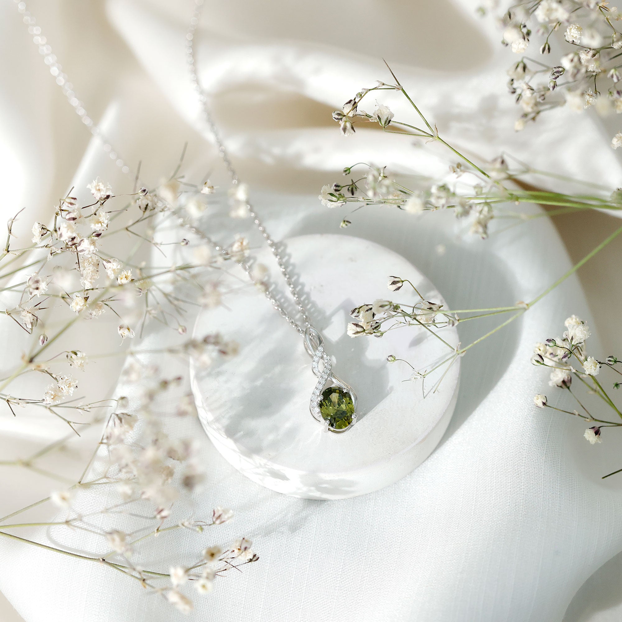 1.5 Carat Lab Grown Green Sapphire Infinity Necklace With Silver Chain AAAA 92.5 Sterling Silver - Rosec Jewels