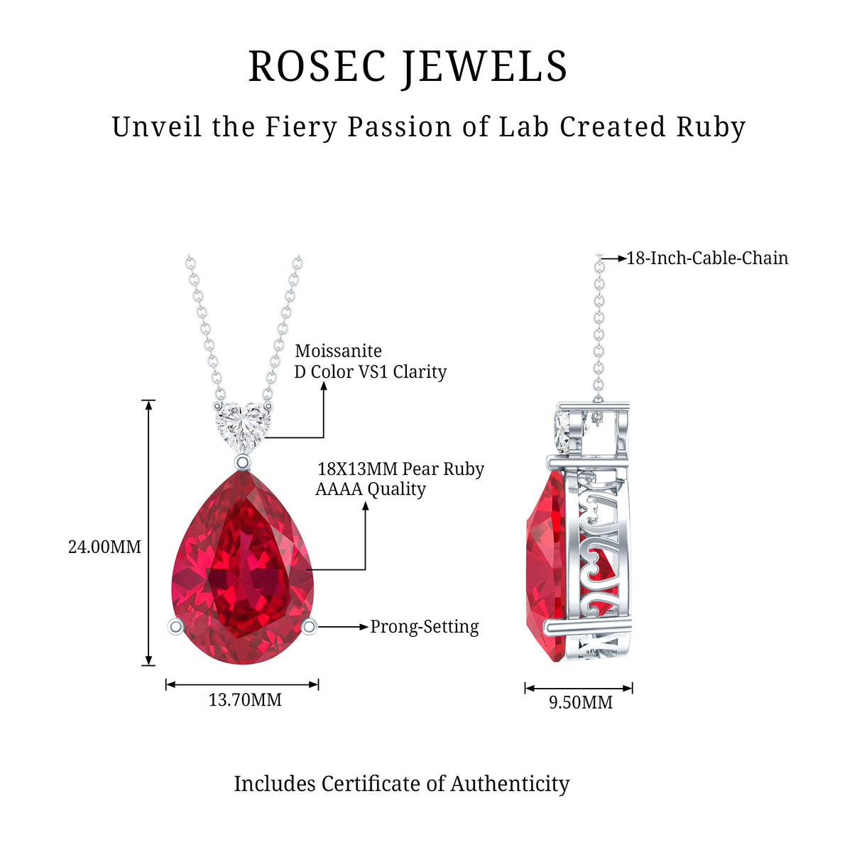 Sterling Silver 9 Carat Lab Grown Certified Ruby Teardrop Necklace for Women AAAA 92.5 Sterling Silver - Rosec Jewels