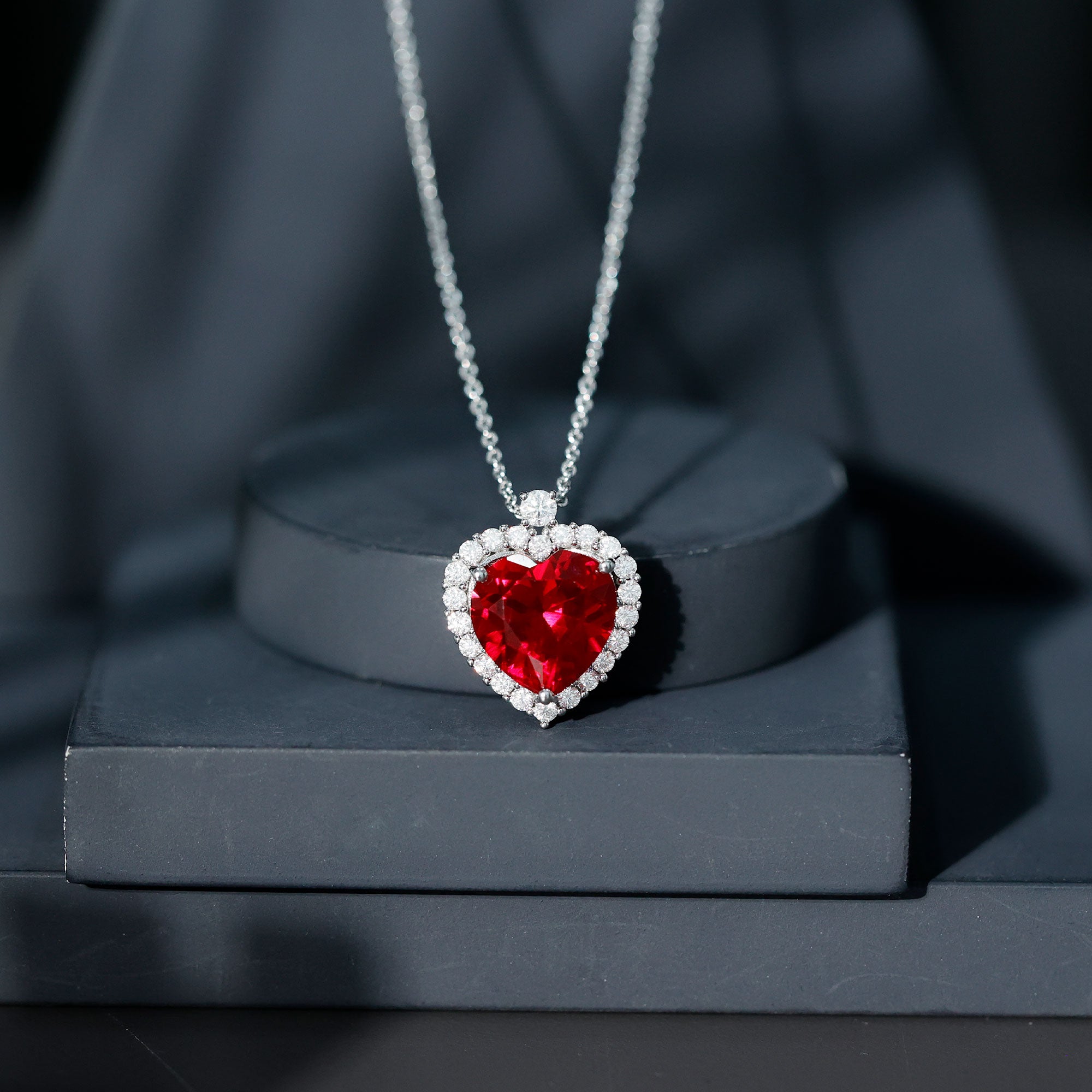 Certified Lab Grown Ruby Heart Necklace with Moissanite Halo AAAA - Rosec Jewels