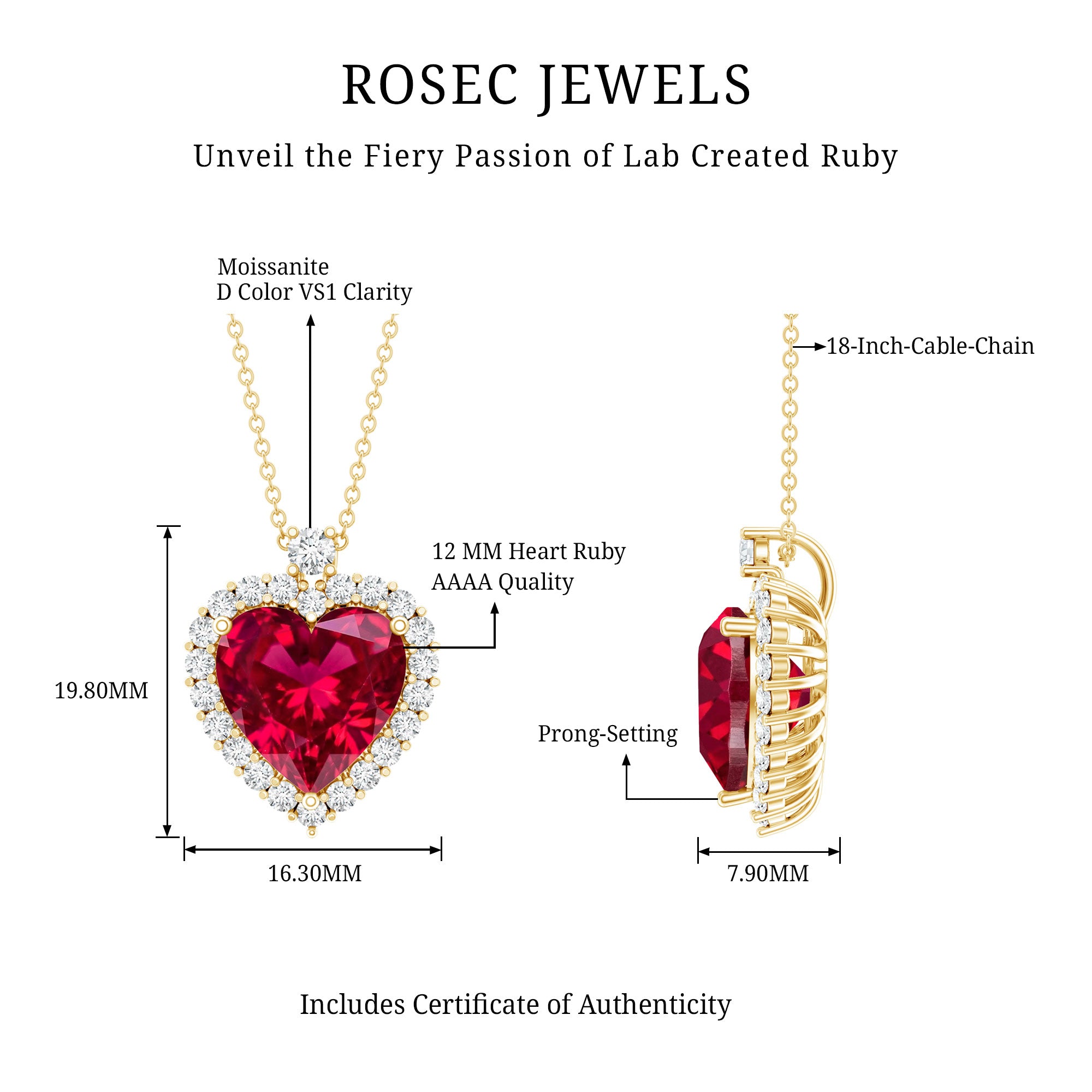 Certified Lab Grown Ruby Heart Necklace with Moissanite Halo AAAA - Rosec Jewels