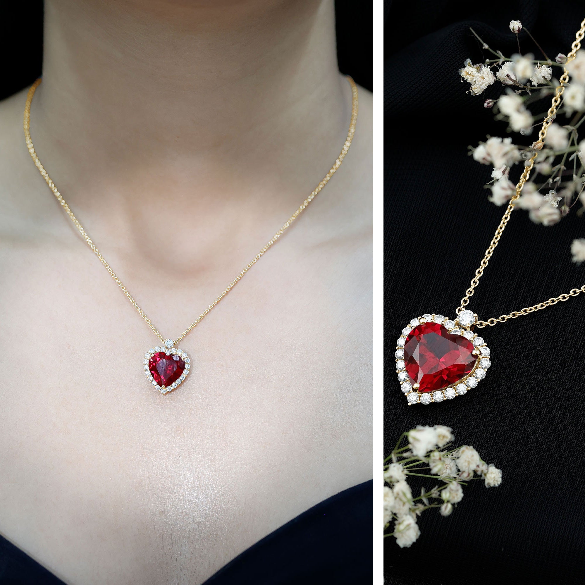 Certified Lab Grown Ruby Heart Necklace with Moissanite Halo AAAA - Rosec Jewels