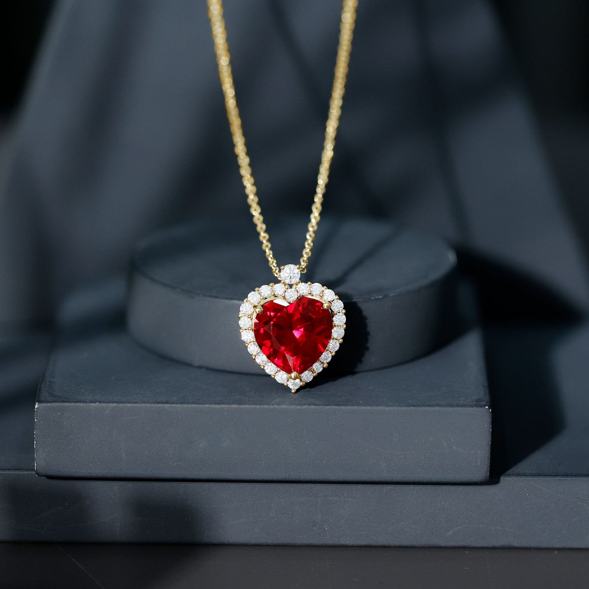 Certified Lab Grown Ruby Heart Necklace with Moissanite Halo AAAA - Rosec Jewels