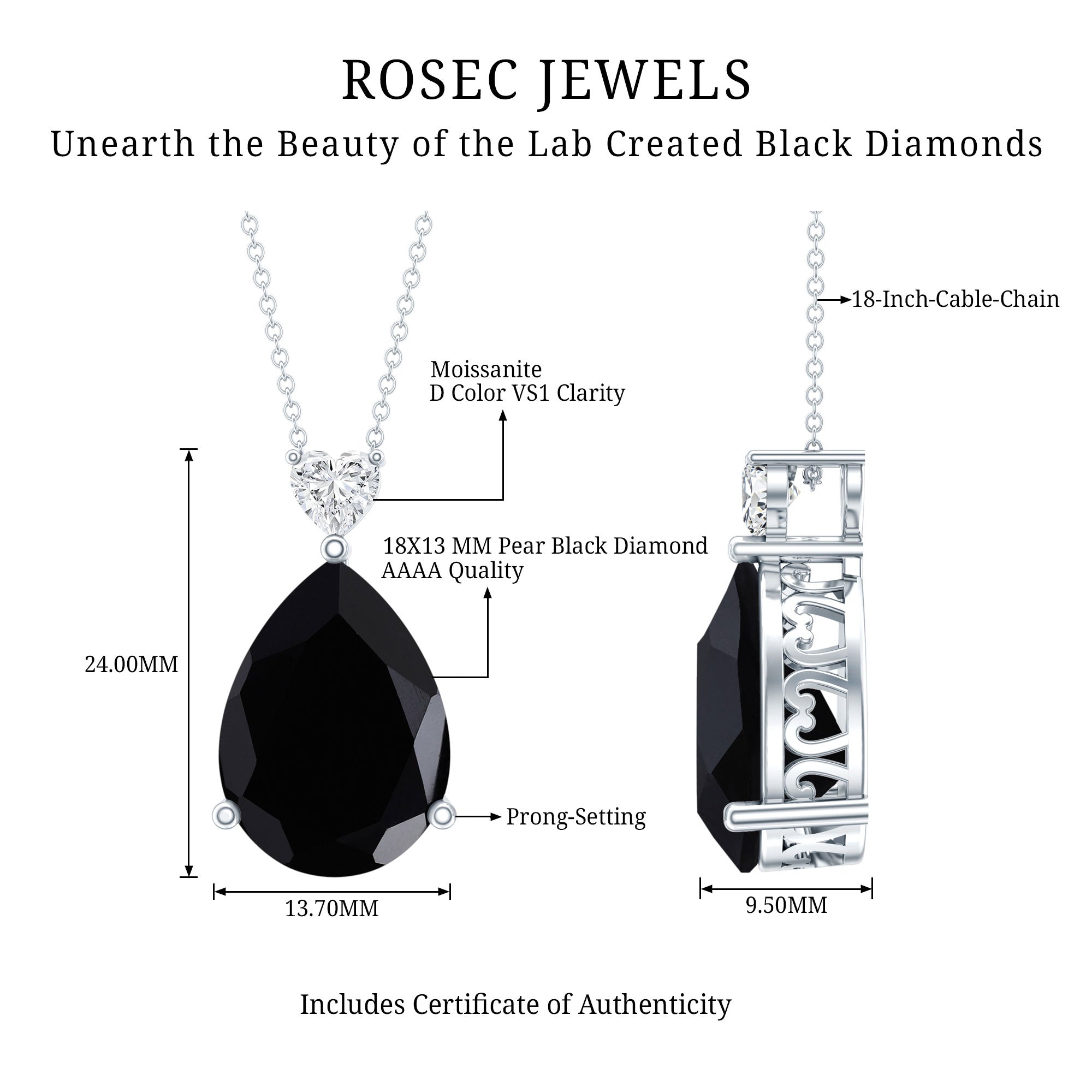 Certified 9 Carat Lab Grown Black Diamond Teardrop Necklace With Silver Chain AAAA ( Synthetic ) 92.5 Sterling Silver - Rosec Jewels