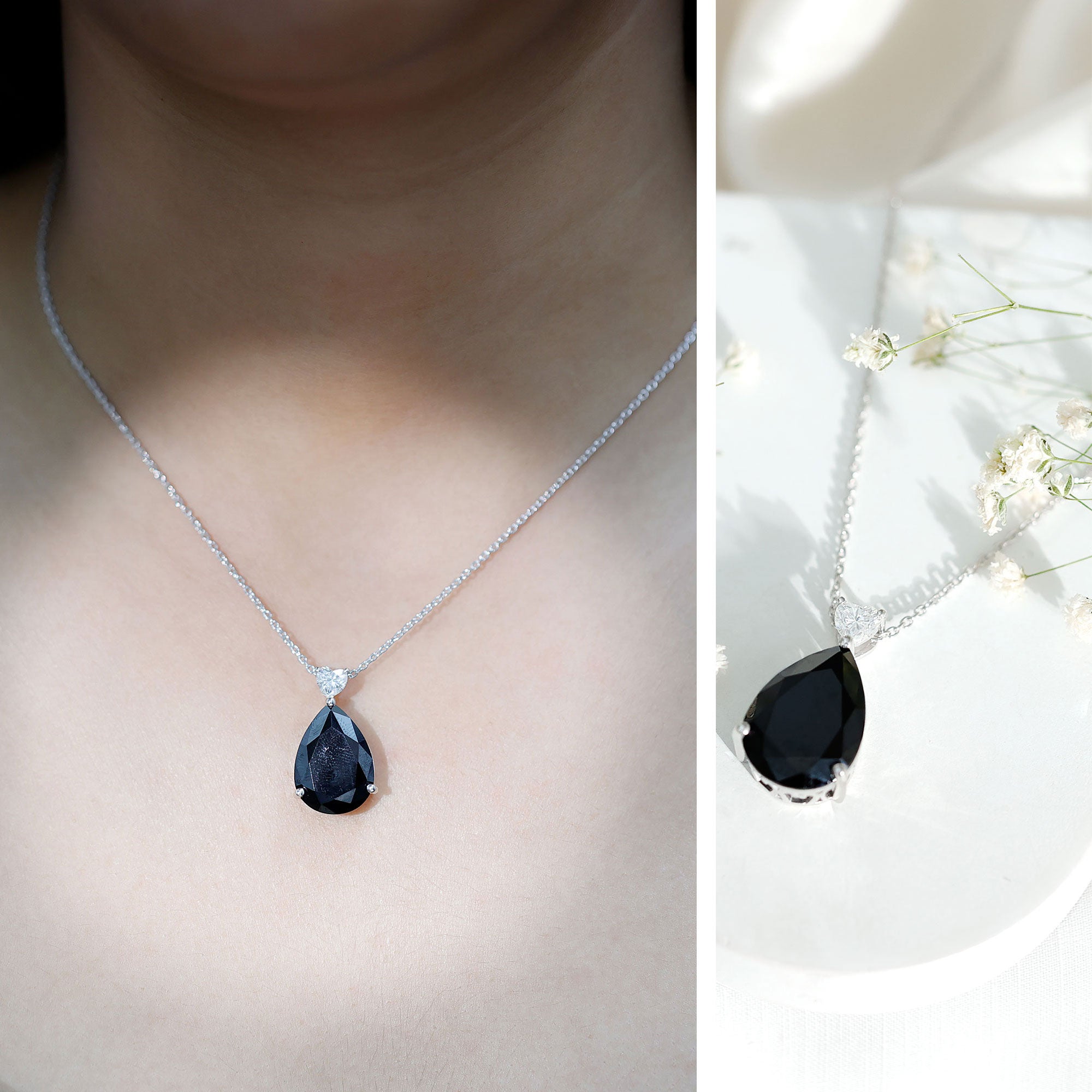 Certified 9 Carat Lab Grown Black Diamond Teardrop Necklace With Silver Chain AAAA ( Synthetic ) 92.5 Sterling Silver - Rosec Jewels