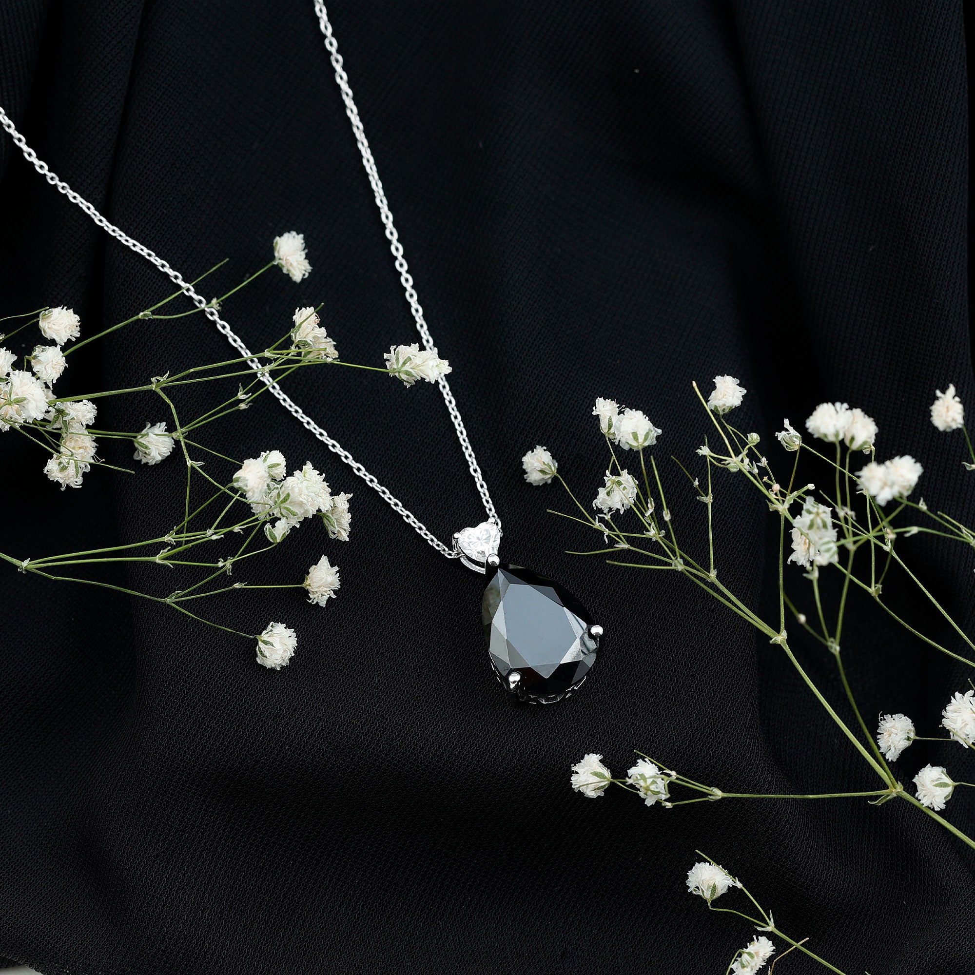 Certified 9 Carat Lab Grown Black Diamond Teardrop Necklace With Silver Chain AAAA ( Synthetic ) 92.5 Sterling Silver - Rosec Jewels