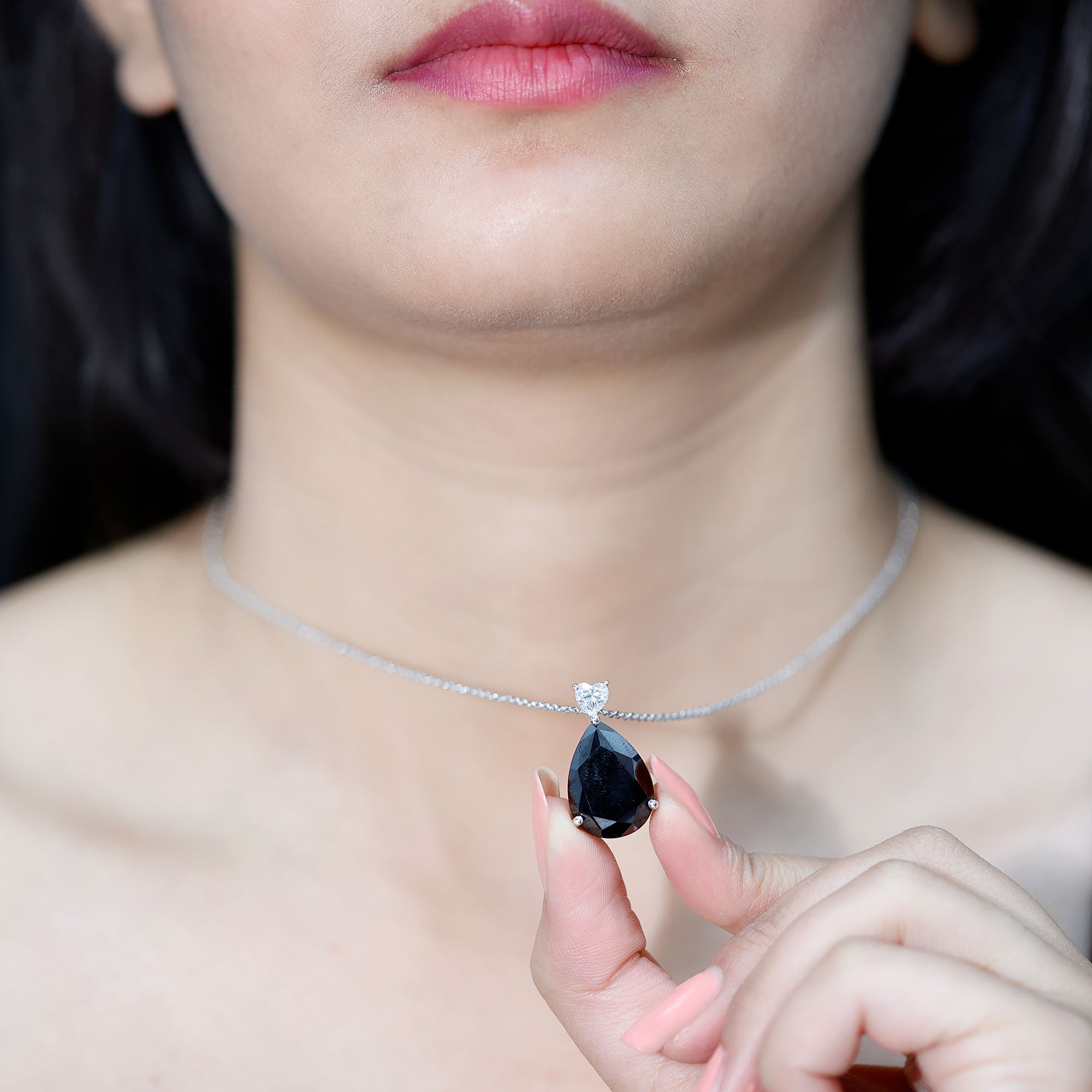 Certified 9 Carat Lab Grown Black Diamond Teardrop Necklace With Silver Chain AAAA ( Synthetic ) 92.5 Sterling Silver - Rosec Jewels
