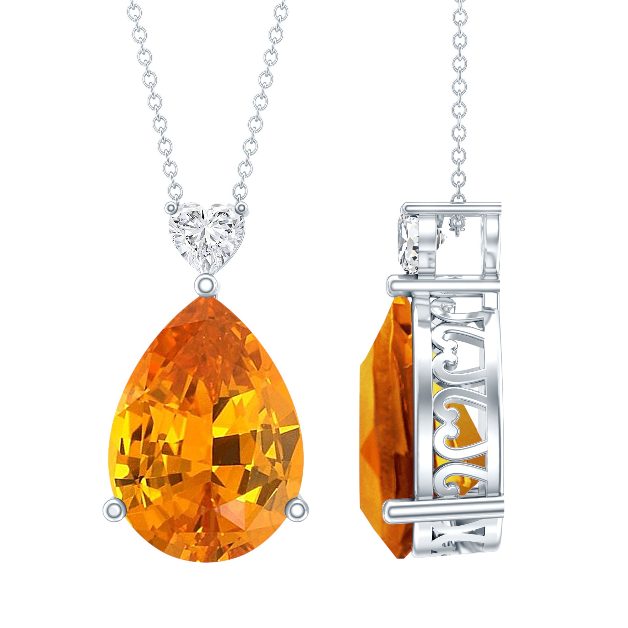 9 Carat Pear Shape Lab Grown Orange Sapphire Teardrop Necklace with Silver Chain AAAA 92.5 Sterling Silver - Rosec Jewels