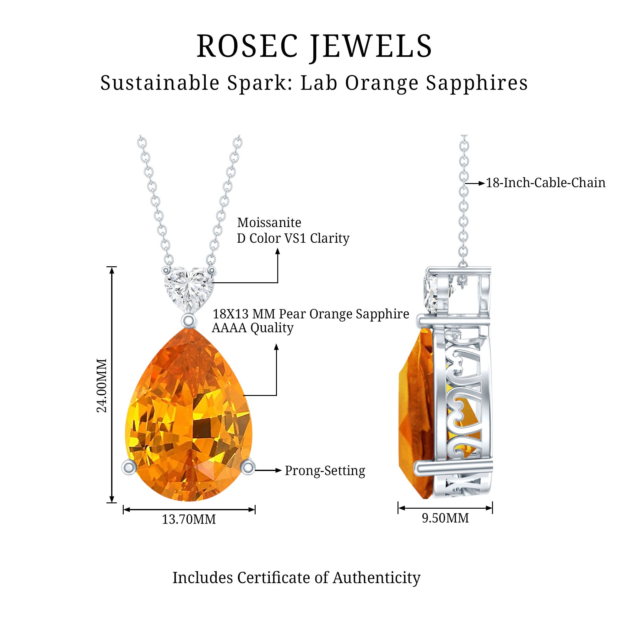 9 Carat Pear Shape Lab Grown Orange Sapphire Teardrop Necklace with Silver Chain AAAA 92.5 Sterling Silver - Rosec Jewels