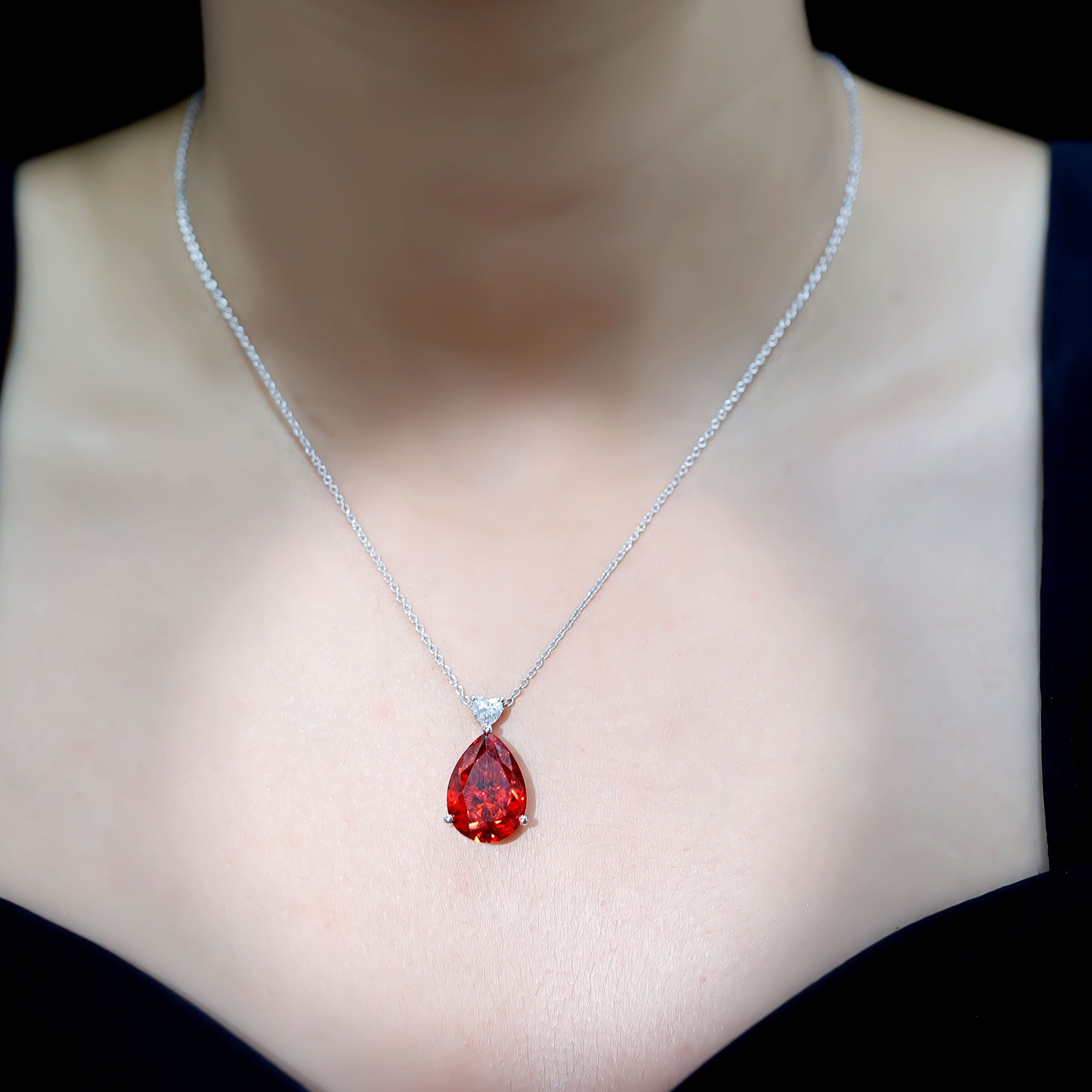 9 Carat Pear Shape Lab Grown Orange Sapphire Teardrop Necklace with Silver Chain AAAA 92.5 Sterling Silver - Rosec Jewels