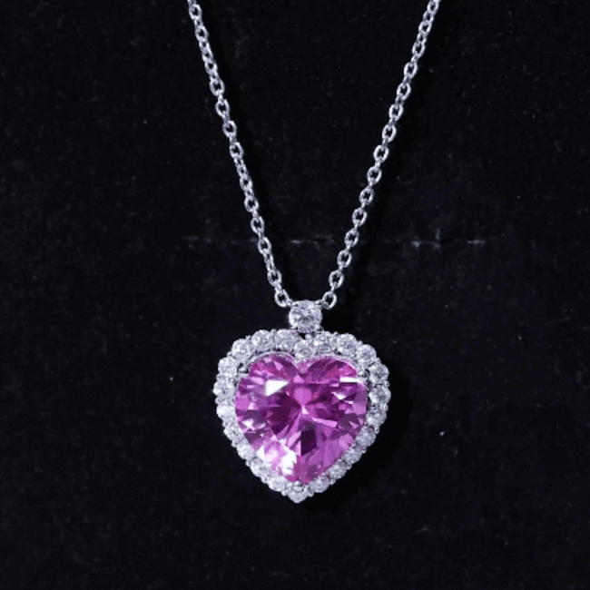 5.5 Carat Lab Grown Pink Sapphire Heart Necklace with Halo AAAA 92.5 Sterling Silver - Rosec Jewels