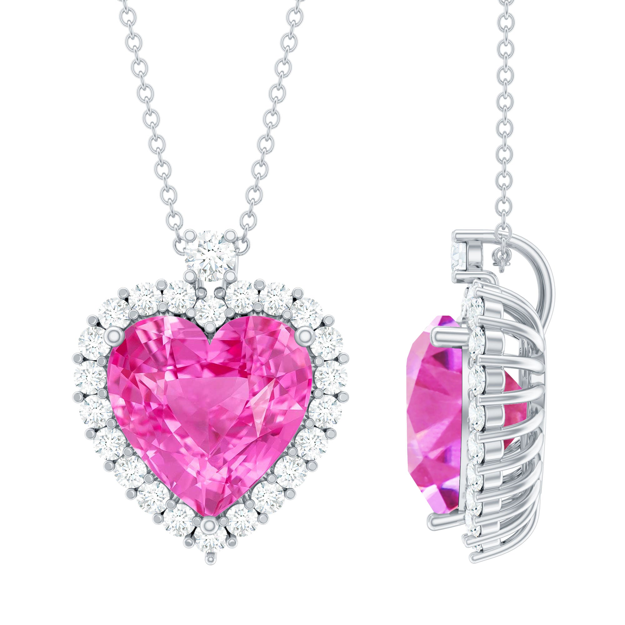 5.5 Carat Lab Grown Pink Sapphire Heart Necklace with Halo AAAA 92.5 Sterling Silver - Rosec Jewels