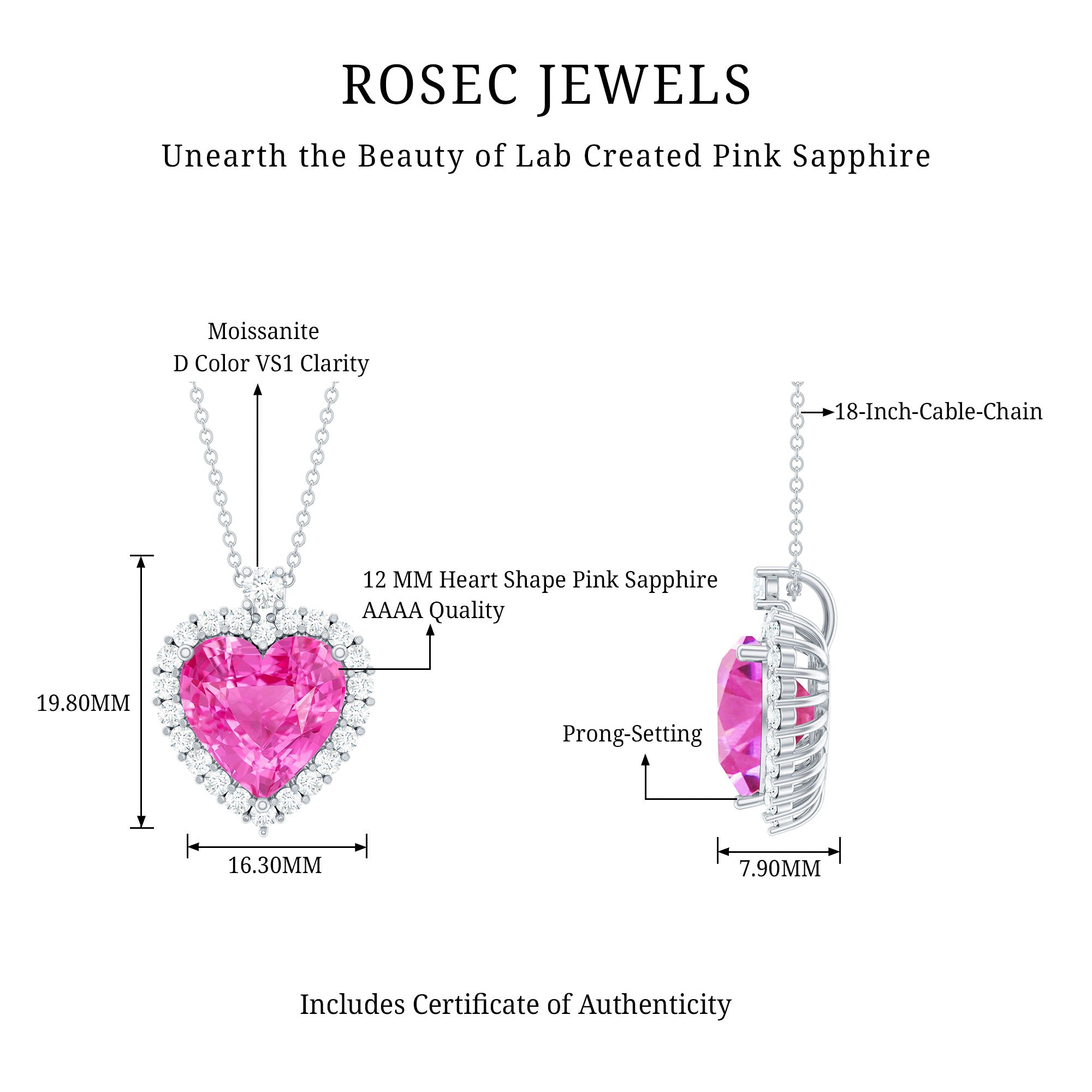 5.5 Carat Lab Grown Pink Sapphire Heart Necklace with Halo AAAA 92.5 Sterling Silver - Rosec Jewels