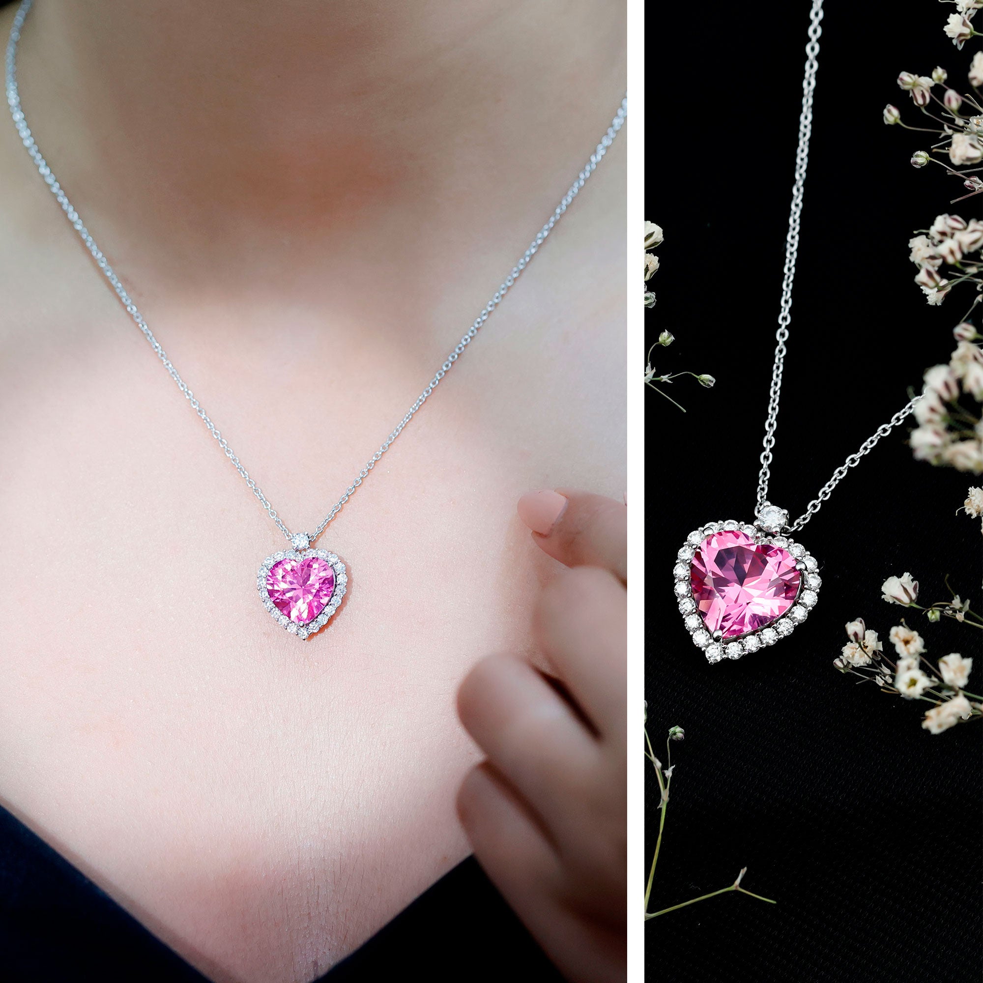 5.5 Carat Lab Grown Pink Sapphire Heart Necklace with Halo AAAA 92.5 Sterling Silver - Rosec Jewels