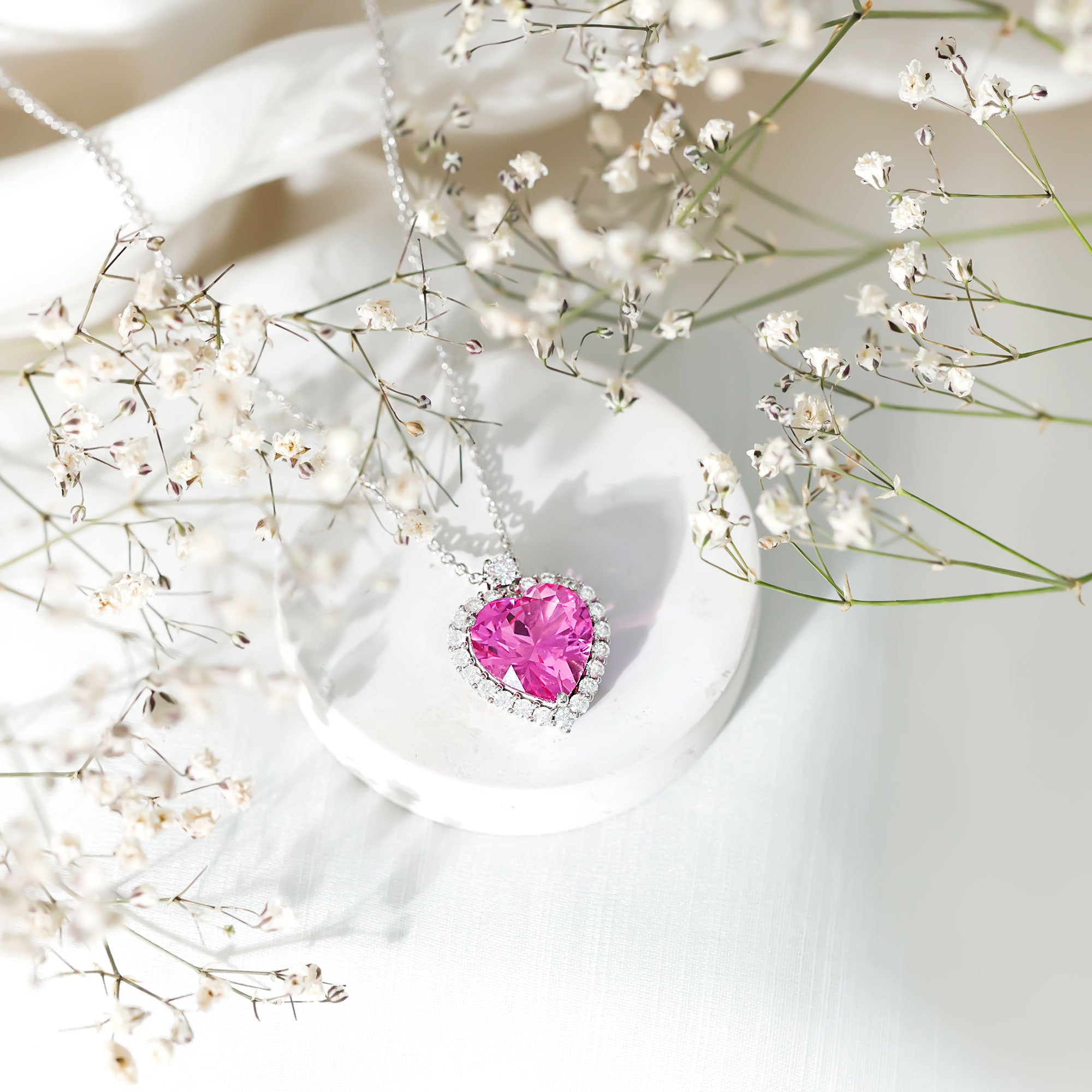 5.5 Carat Lab Grown Pink Sapphire Heart Necklace with Halo AAAA 92.5 Sterling Silver - Rosec Jewels