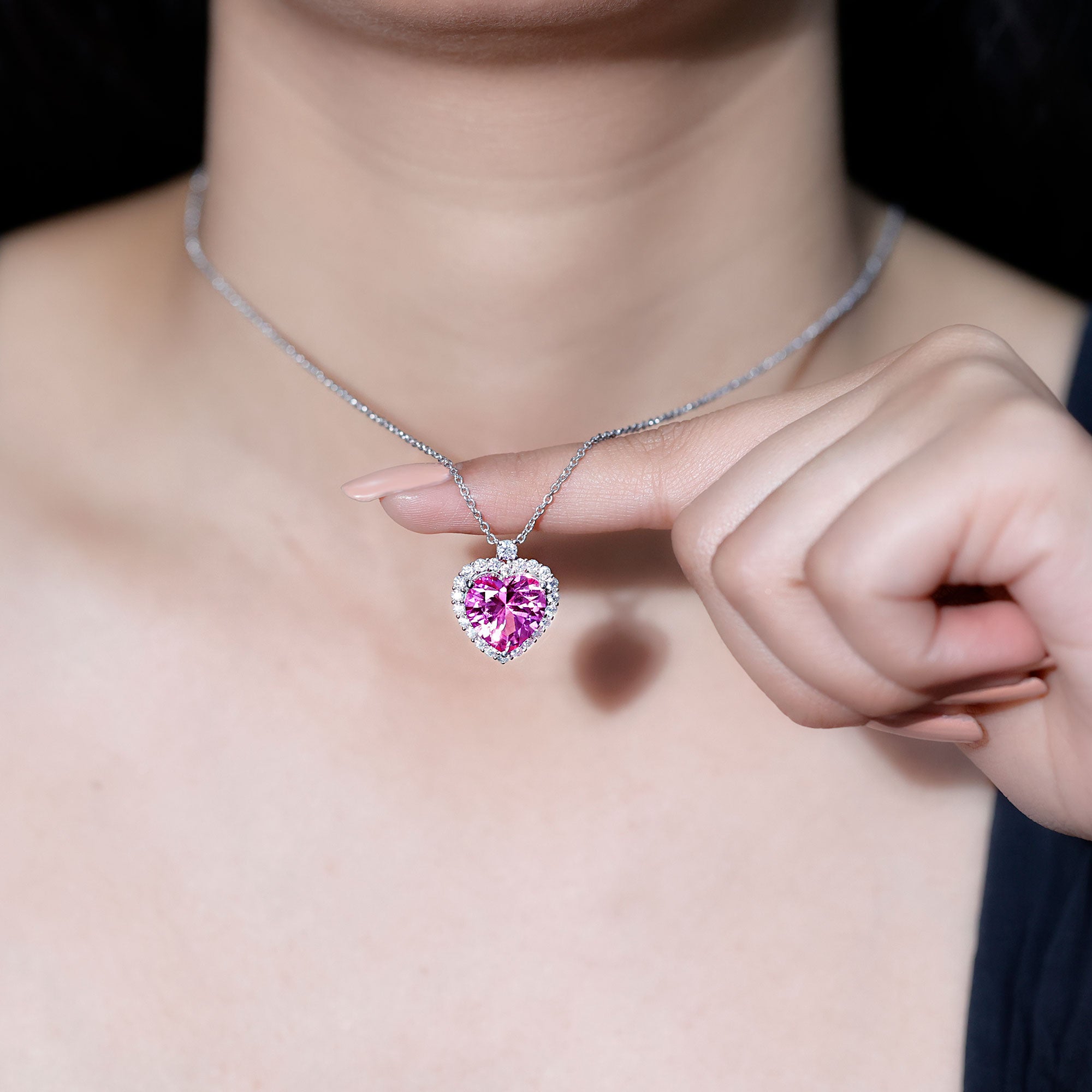 5.5 Carat Lab Grown Pink Sapphire Heart Necklace with Halo AAAA 92.5 Sterling Silver - Rosec Jewels