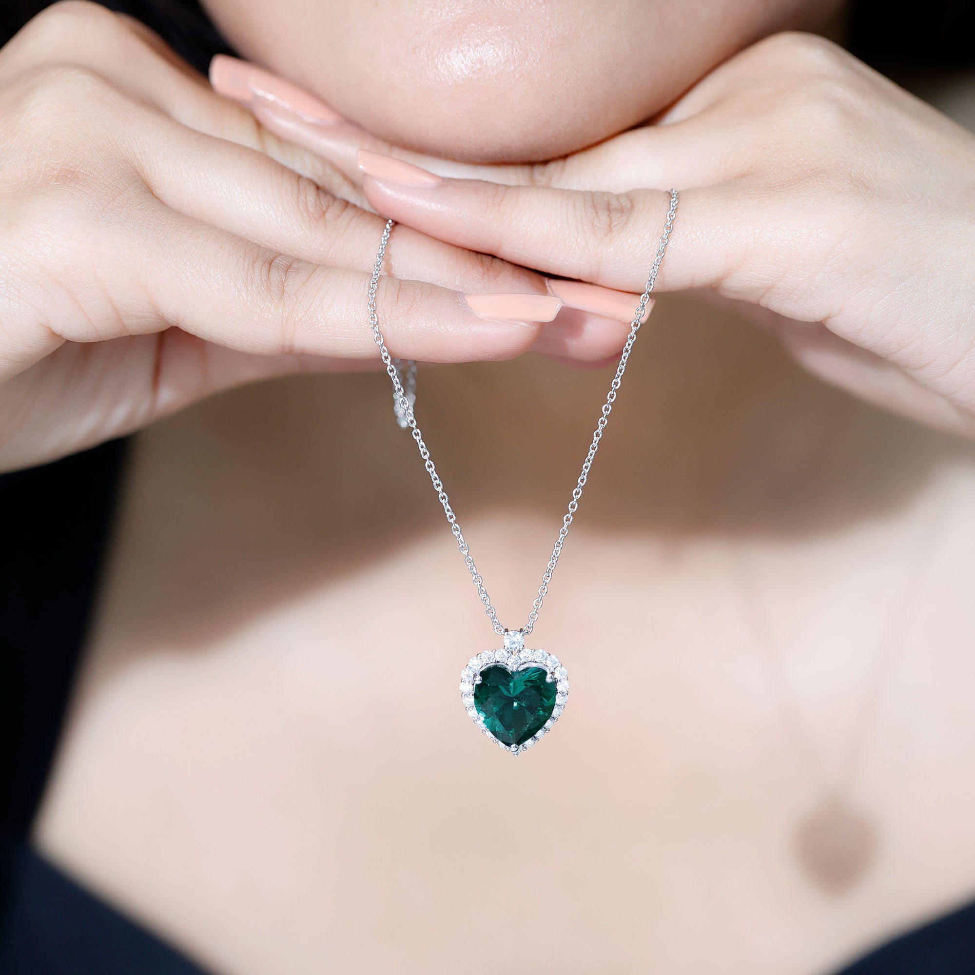 Certified 5.5 Carat Lab Grown Emerald Heart Necklace With Silver Chain AAAA 92.5 Sterling Silver - Rosec Jewels