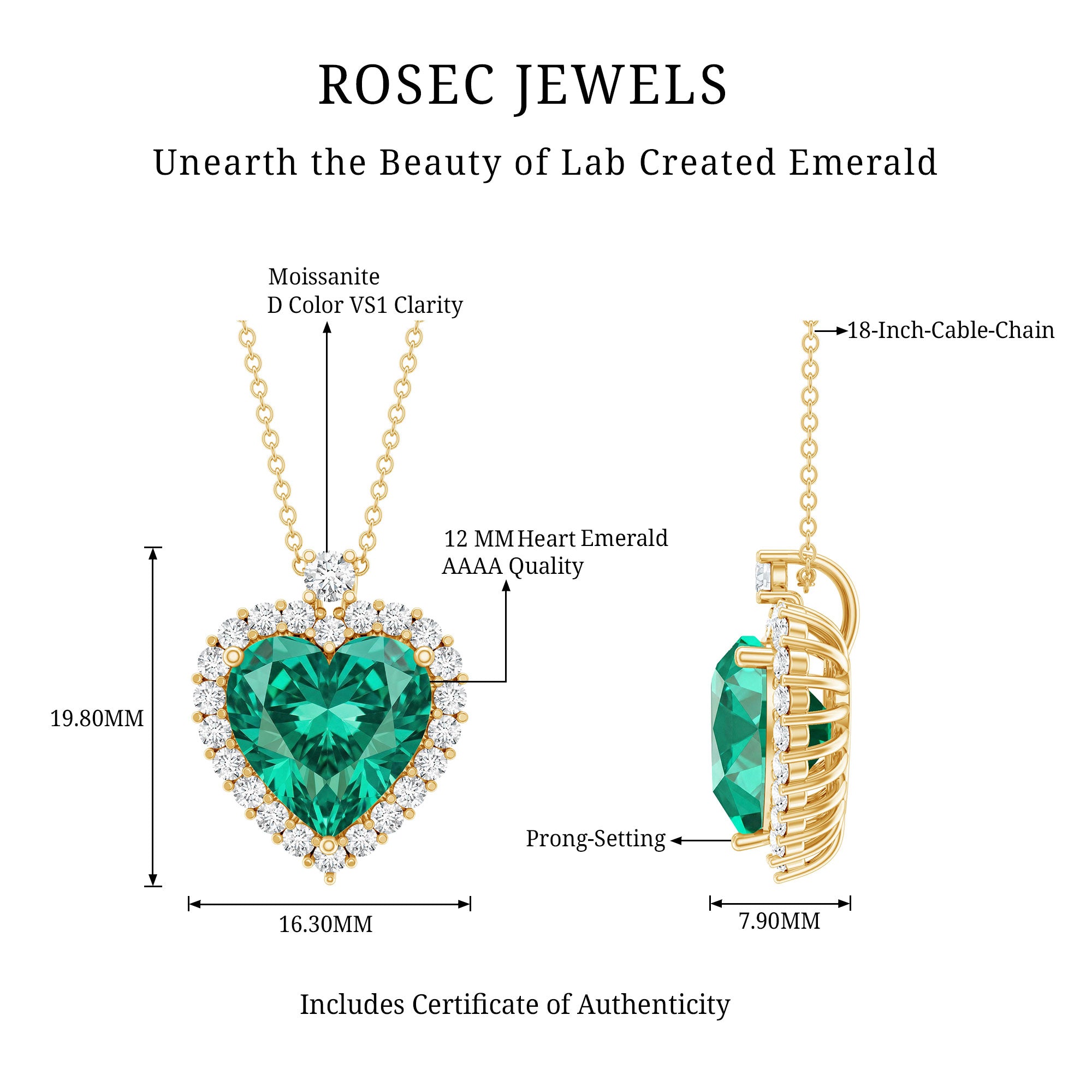 Lab Created 5.6 Carat Emerald Moissanite Heart Pendant Necklace AAAA - Rosec Jewels