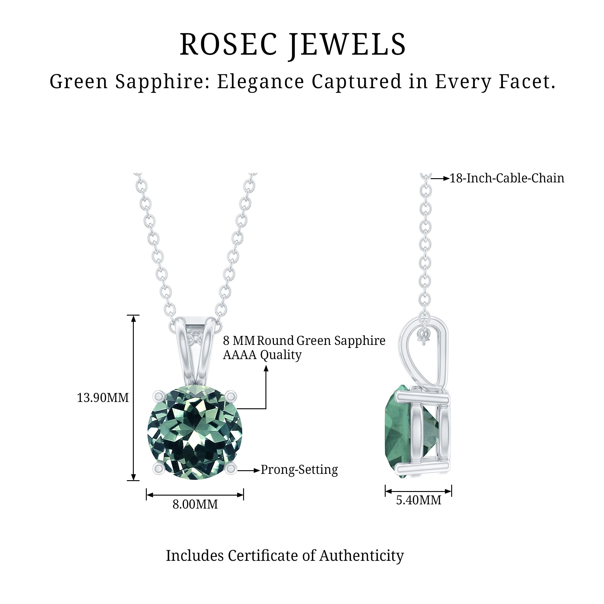 Certified 2.25 Carat Lab Grown Green Sapphire Solitaire Locket with Silver Chain AAAA 92.5 Sterling Silver - Rosec Jewels