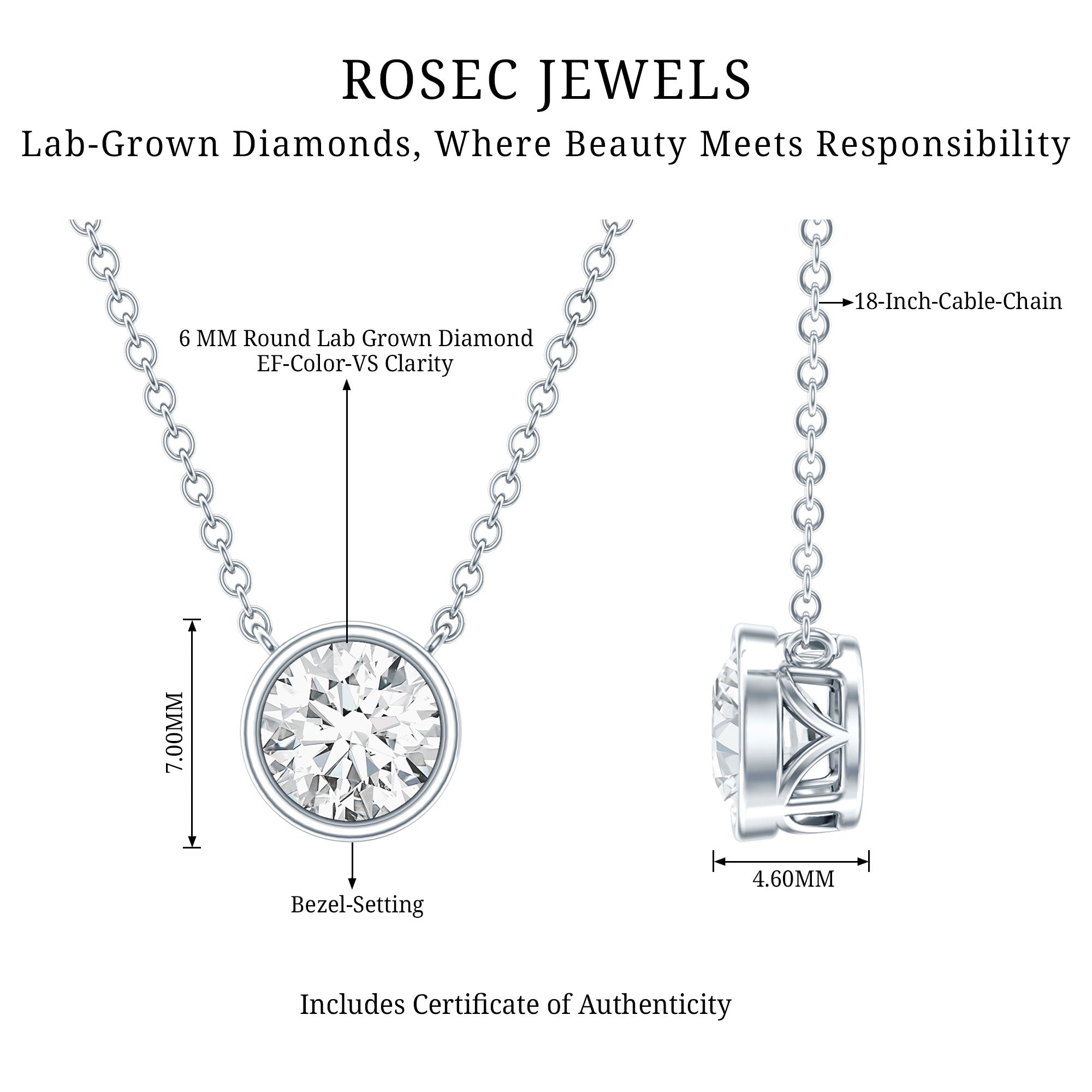 IGI Certified 1 CT Lab Grown Diamond Necklace in Bezel Setting Lab - ( E-VS1 ) - Rosec Jewels