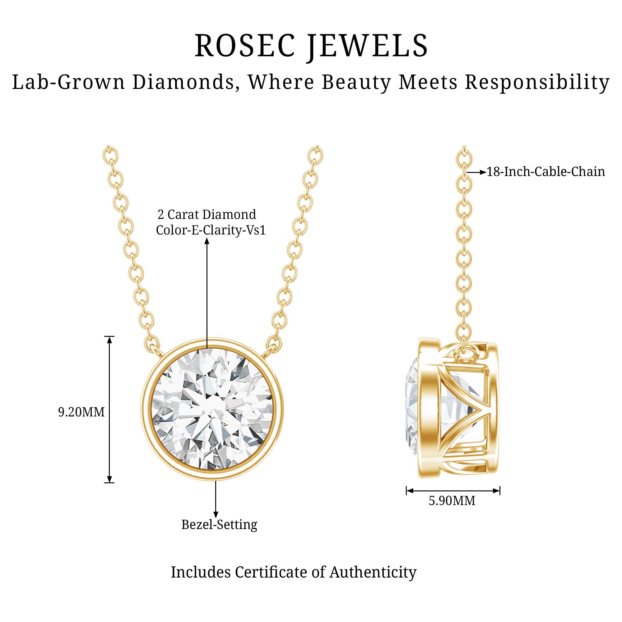 Bezel Set IGI Certified 2 Carat Lab Grown Diamond Solitaire Necklace Lab - ( E-VS1 ) - Rosec Jewels
