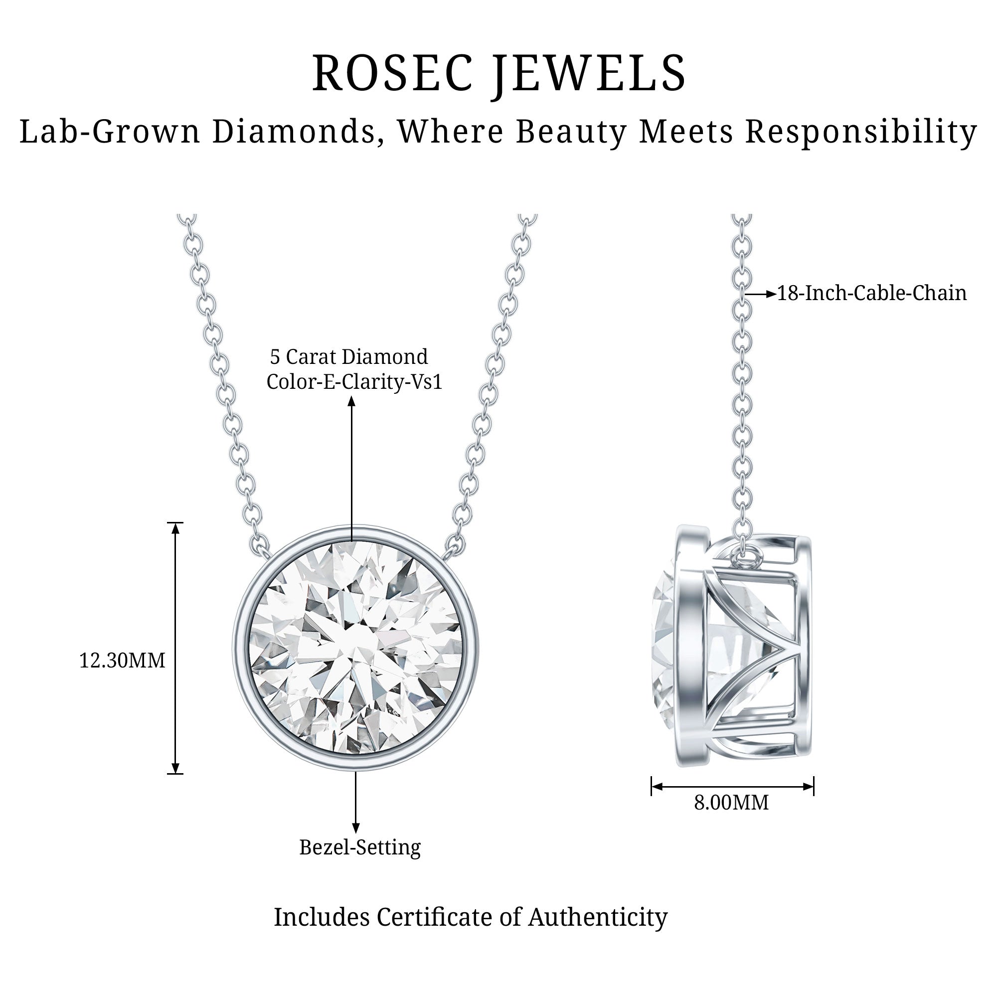 5 Carat Lab Grown Diamond Bridal Necklace with IGI Certificate Lab - ( E-VS1 ) - Rosec Jewels
