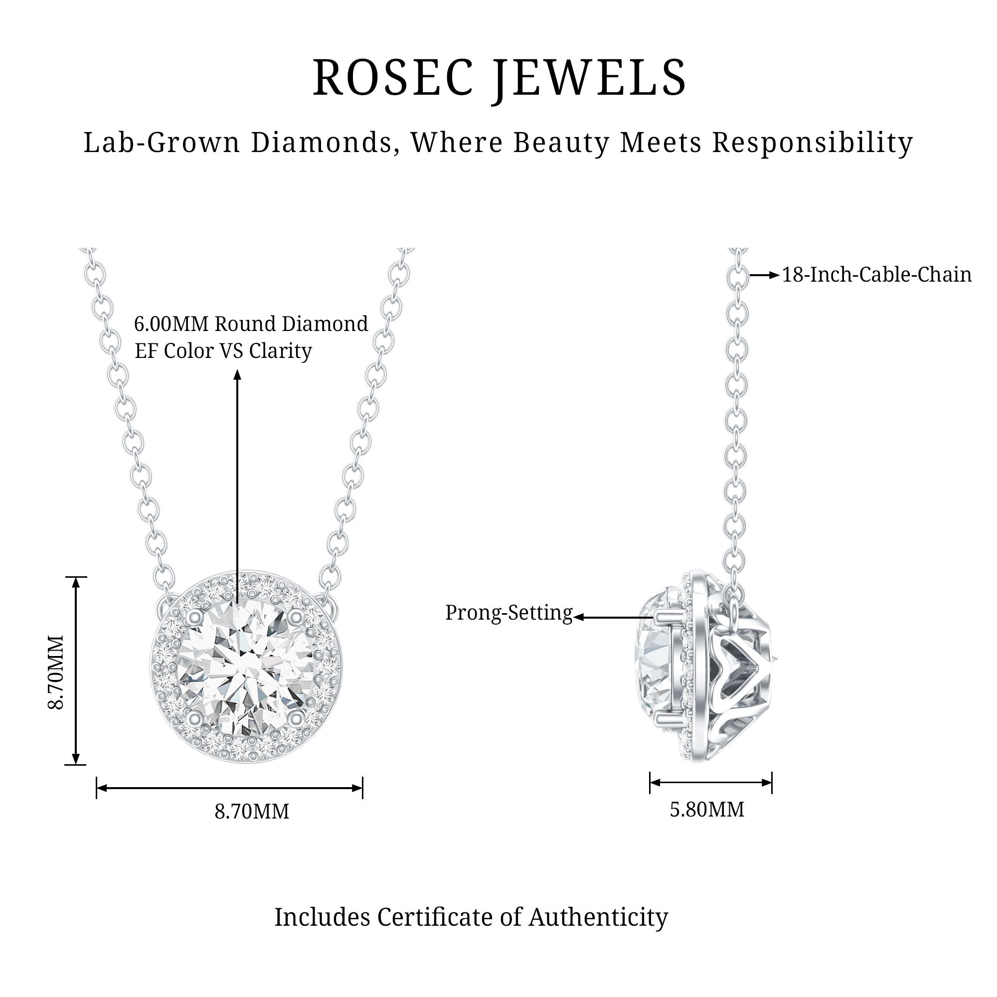 1 Carat Lab Grown Diamond Bridal Necklace with IGI Certificate Lab - ( E-VS1 ) - Rosec Jewels