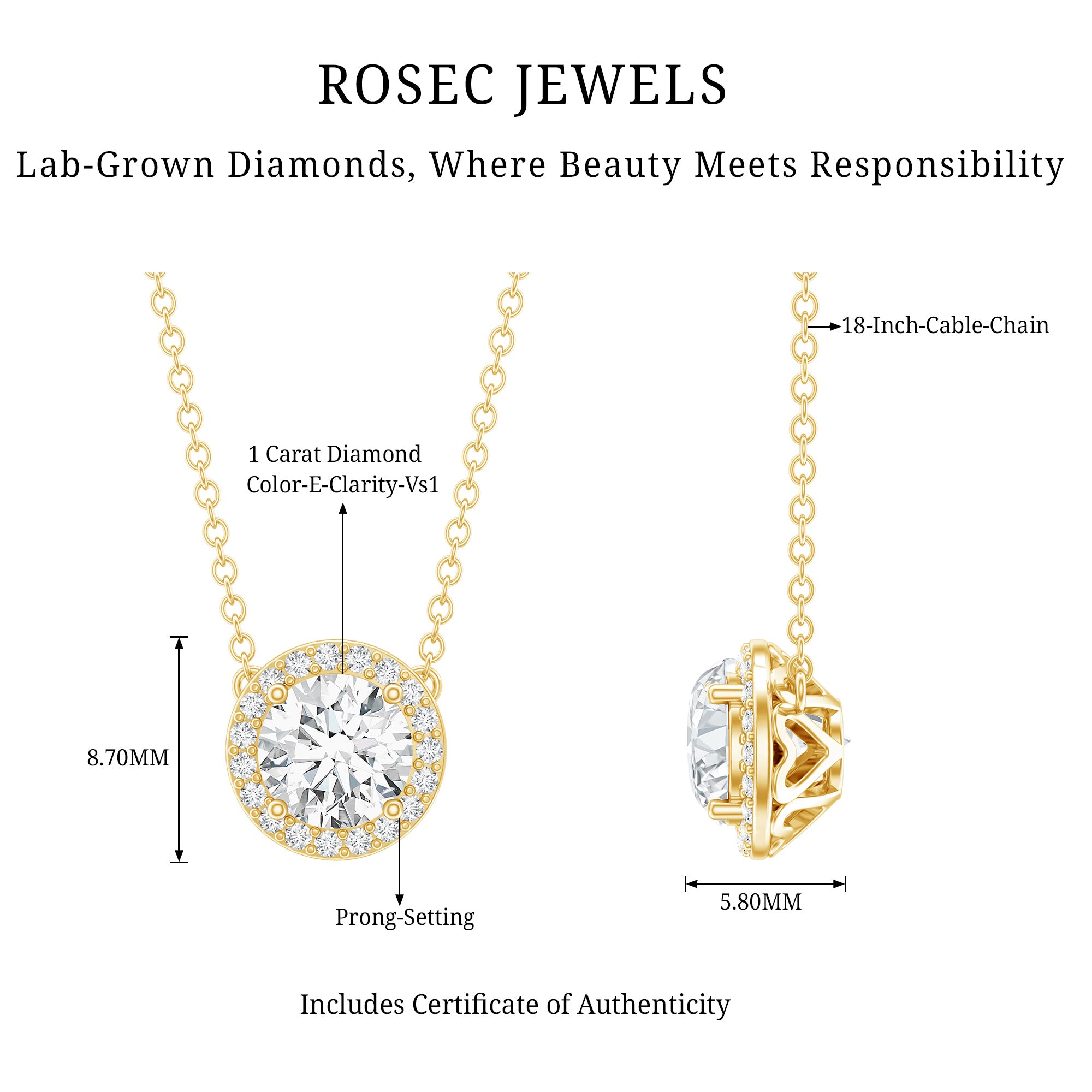 1 Carat Lab Grown Diamond Bridal Necklace with IGI Certificate Lab - ( E-VS1 ) - Rosec Jewels