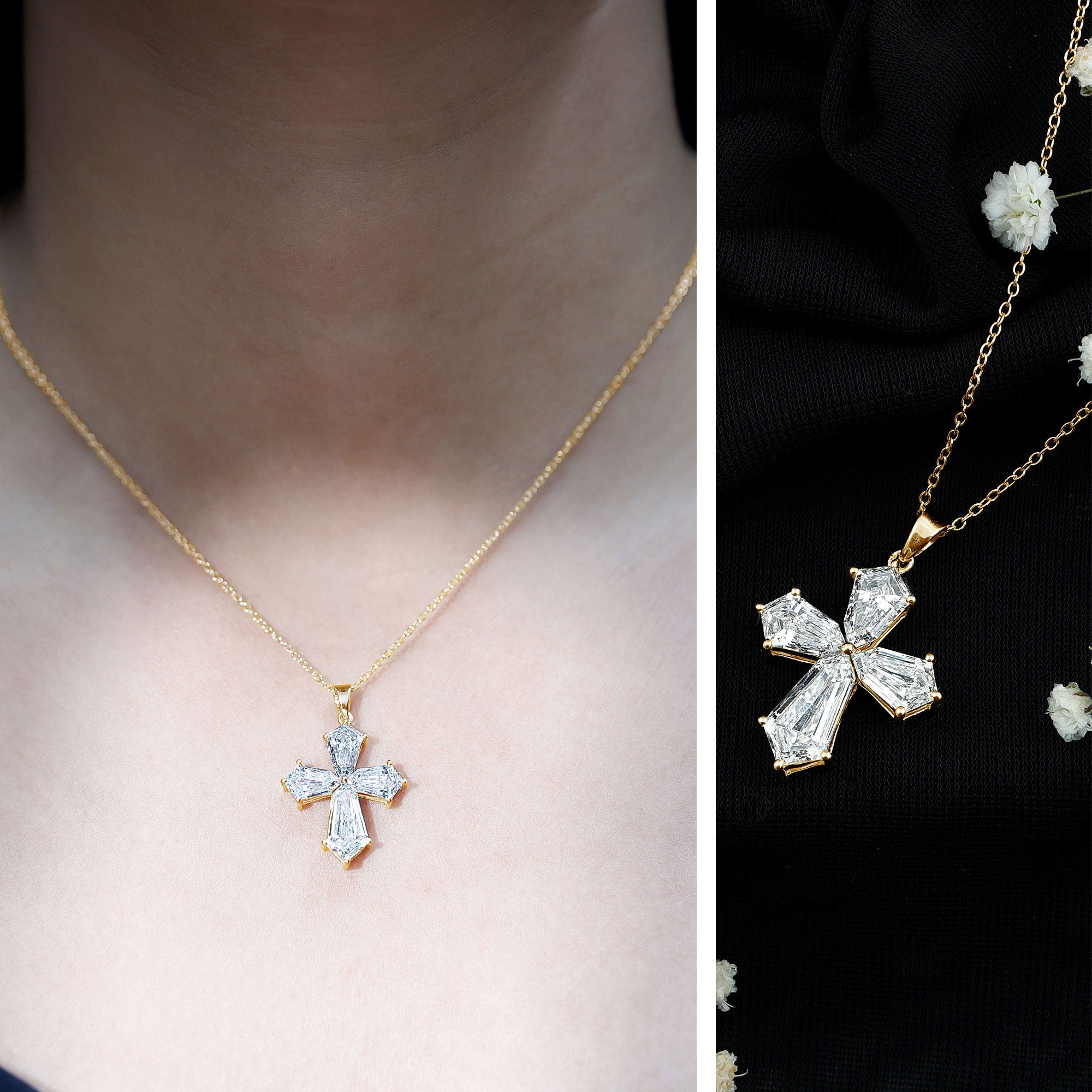 Rosec Jewels-5.2 Carat Shield Shape Step Cut Lab Diamond Cross Necklace