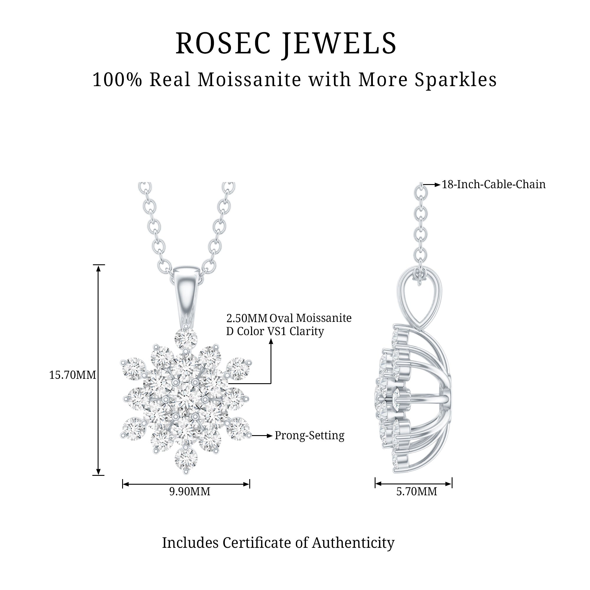Certified Moissanite Snowflake Necklace with Silver Chain D-VS1 92.5 Sterling Silver - Rosec Jewels