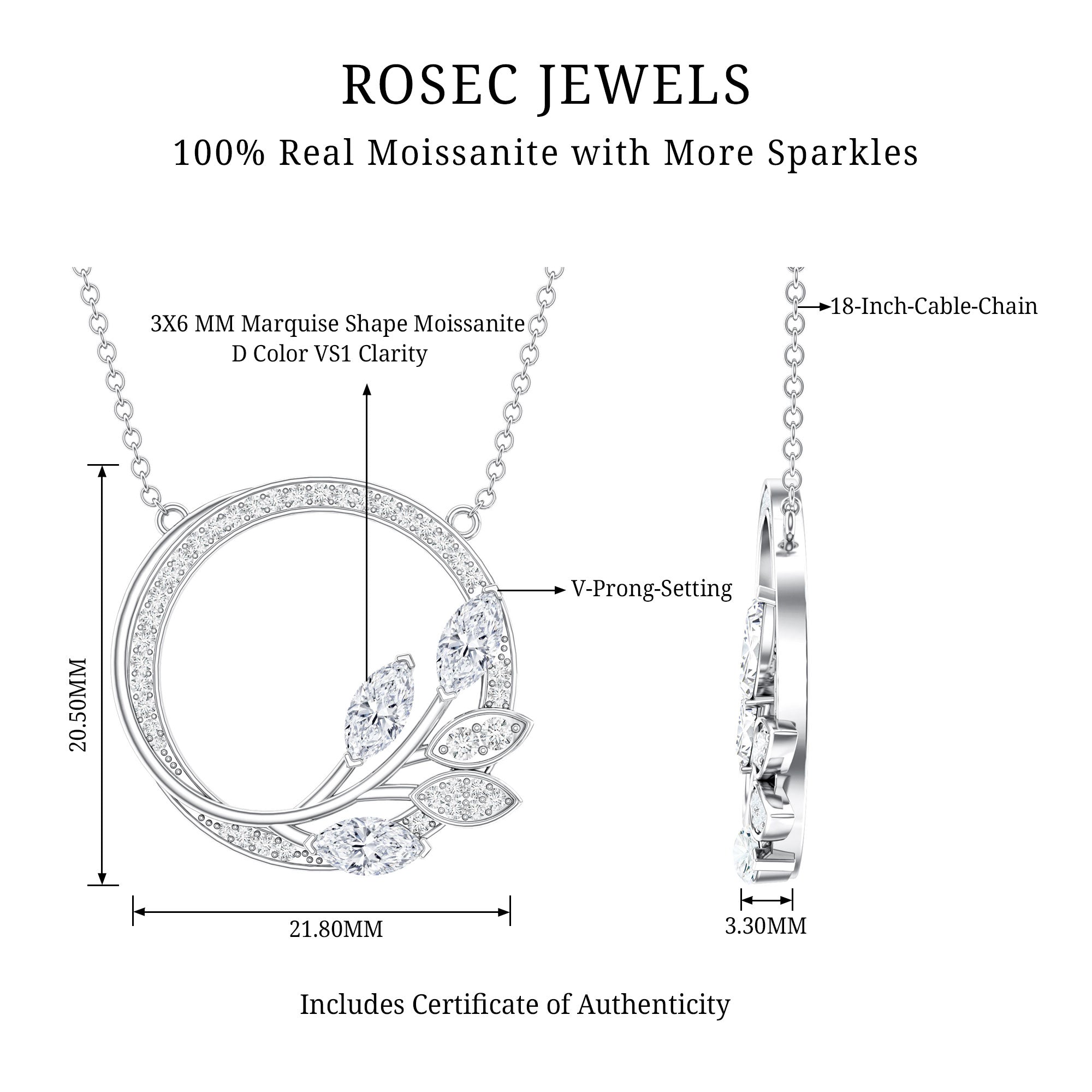1 CT Marquise and Round Cut Moissanite Leaf Eternity Necklace D-VS1 - Rosec Jewels