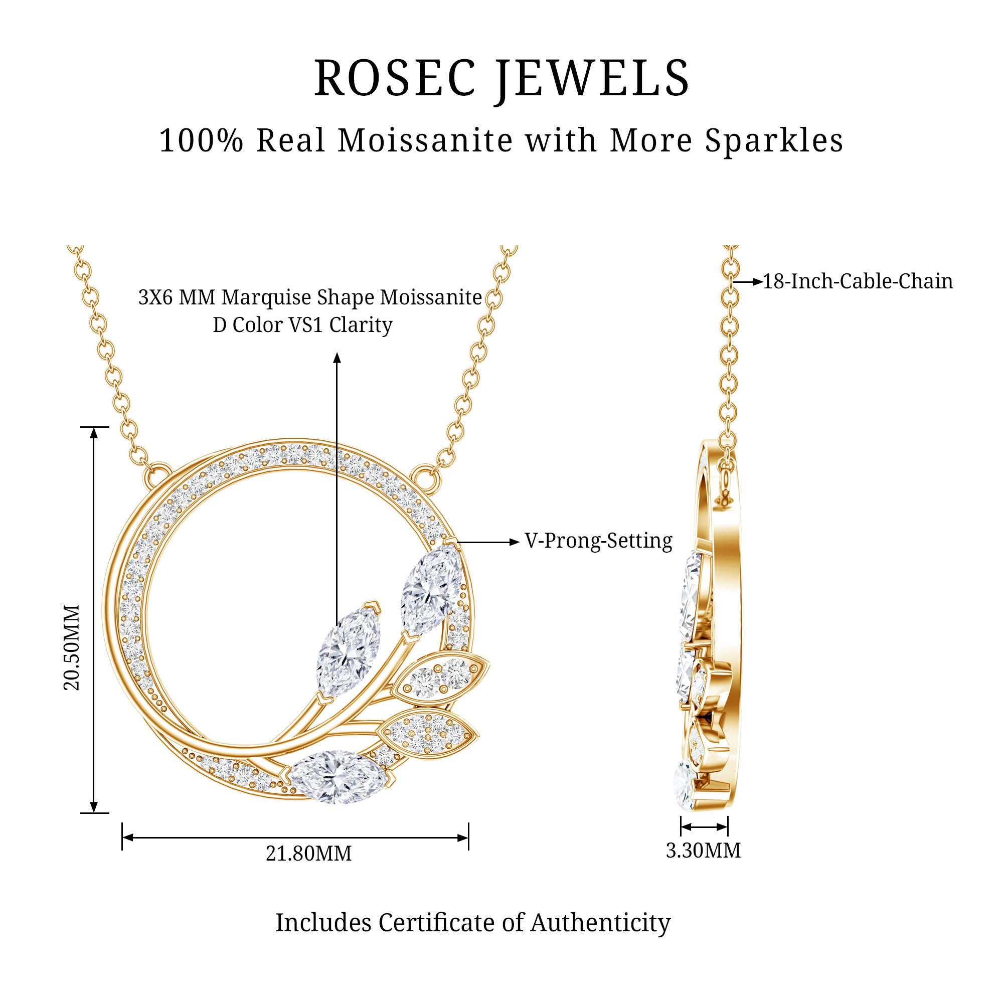 1 CT Marquise and Round Cut Moissanite Leaf Eternity Necklace D-VS1 - Rosec Jewels