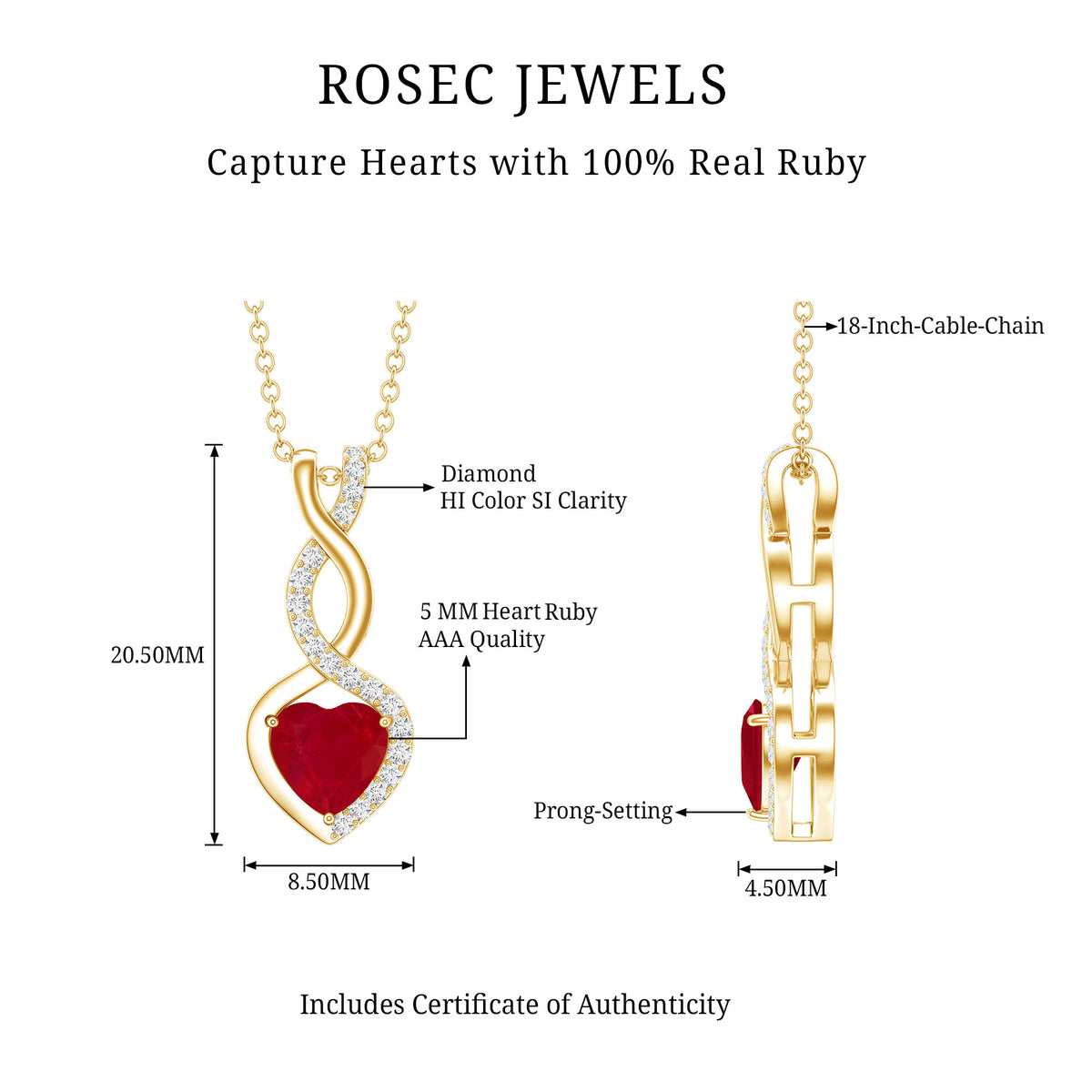 Natural Ruby Diamond Infinity Heart Necklace AAA - Rosec Jewels