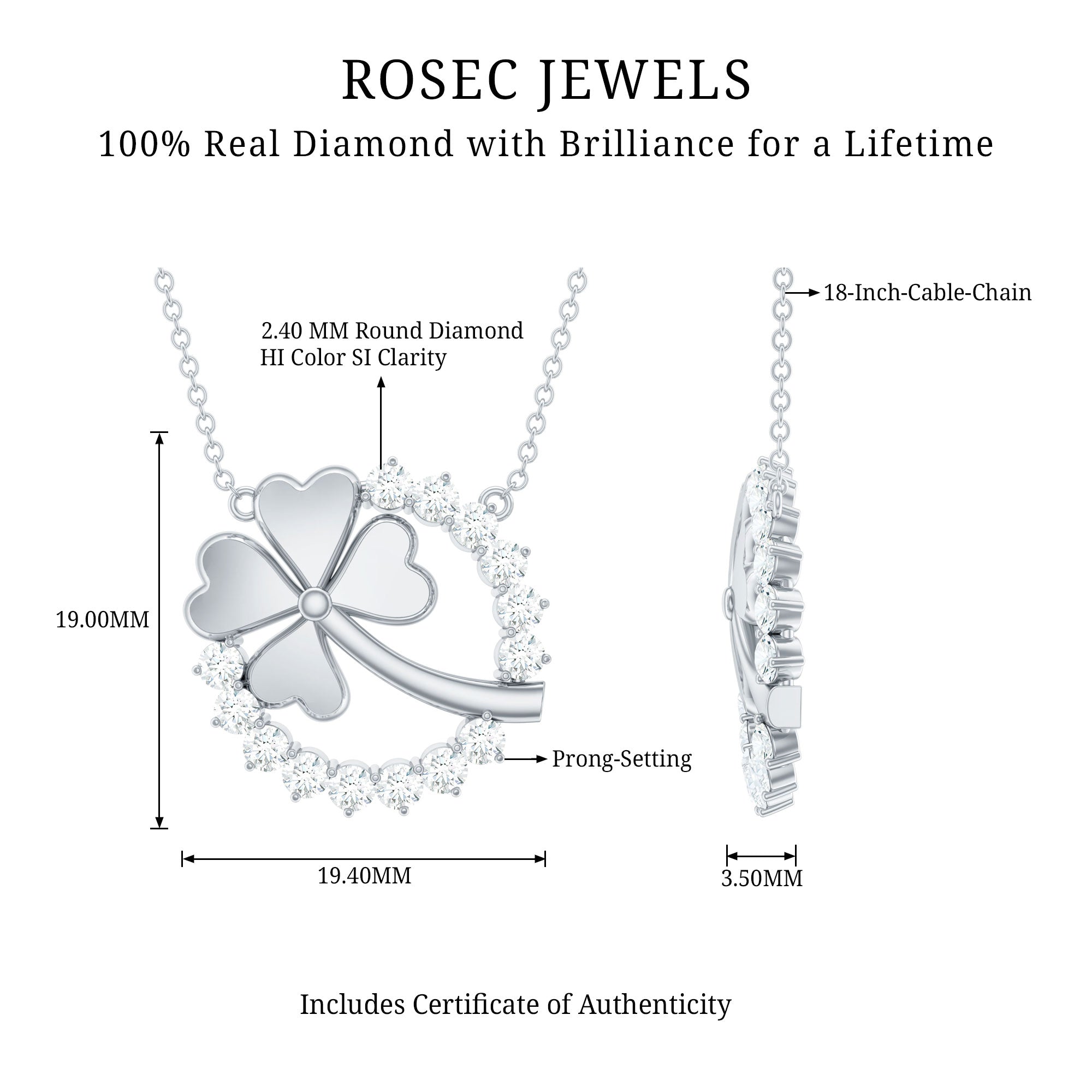 Certified Diamond Lucky 4 Leaf Necklace Natural - ( HI-SI ) - Rosec Jewels